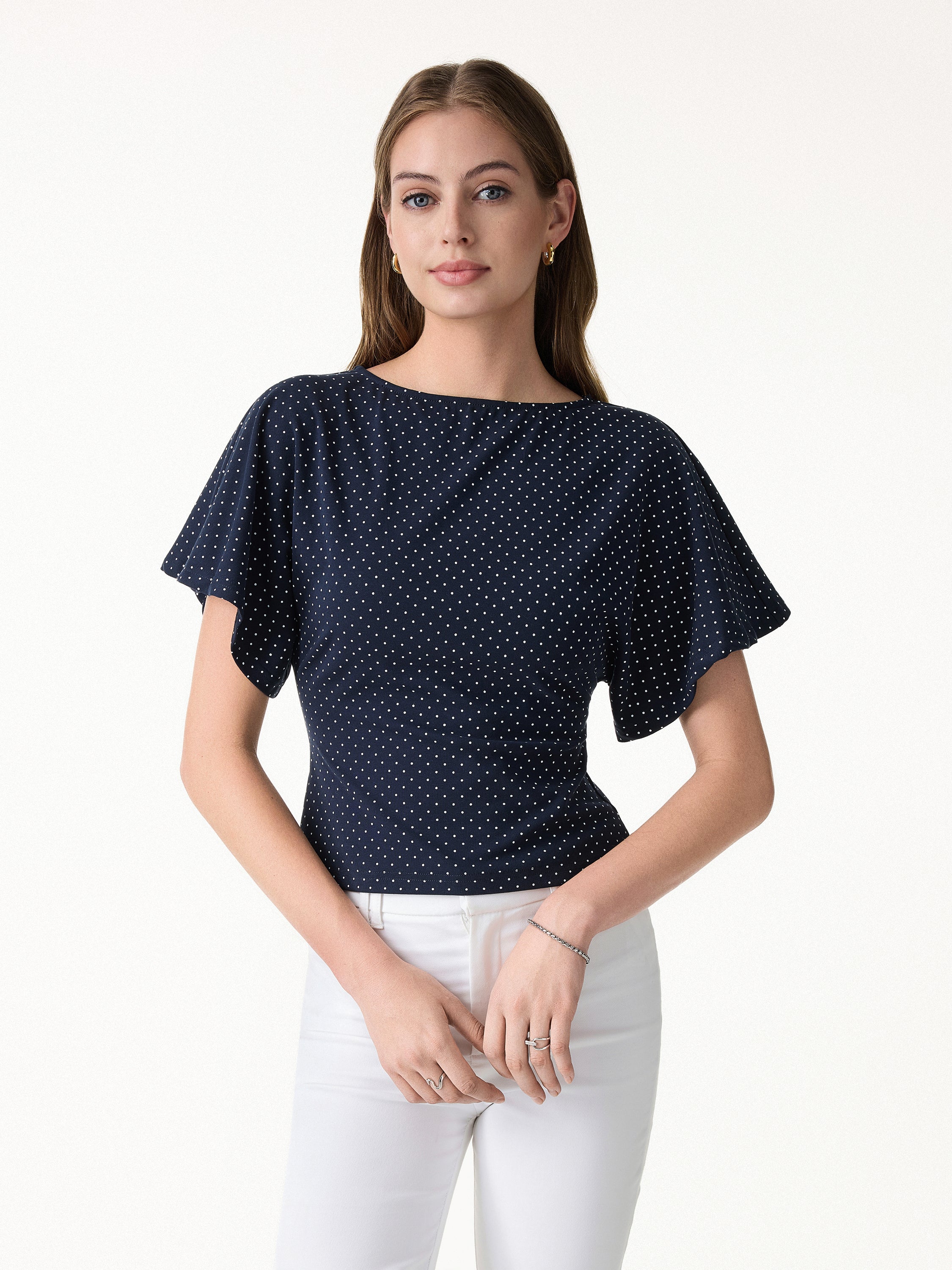 Soft Stretch Cotton Boatneck Flutter Sleeves Polka Dot Top Limited Edition - Image 3