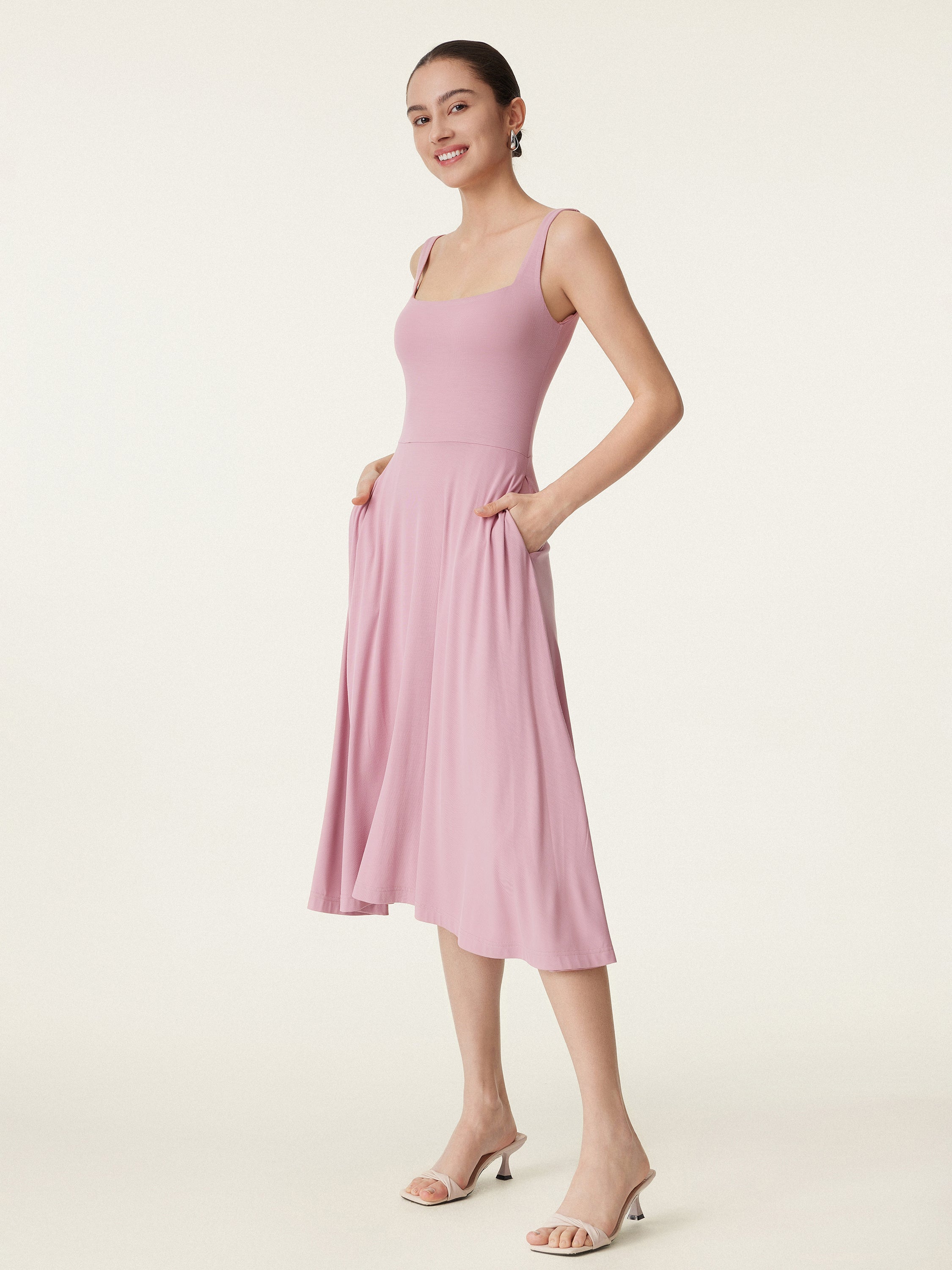 Square Neck Flowy New Airy Bra Midi Dress - Image 6