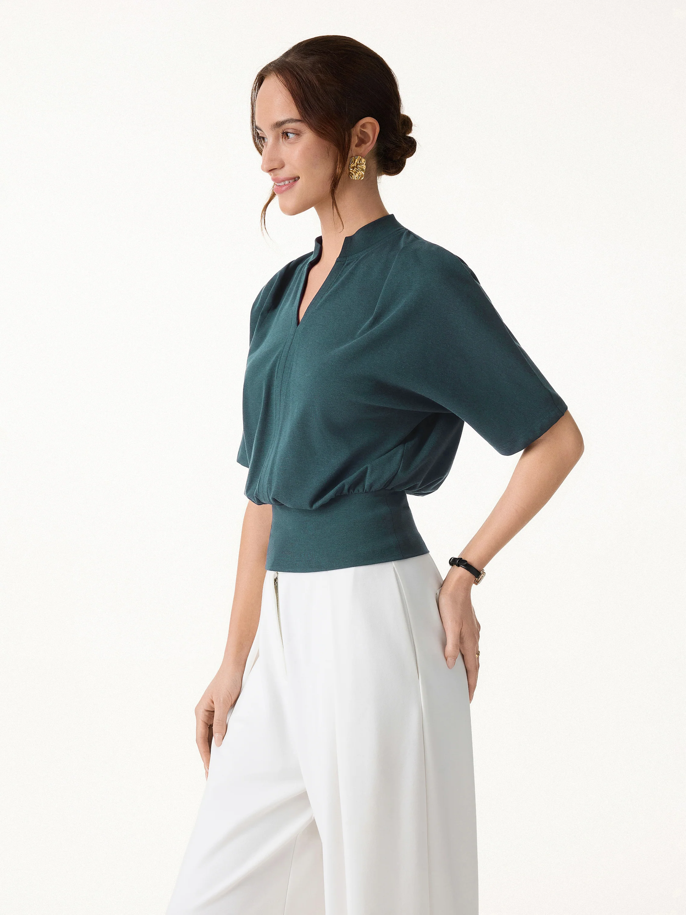 Stand Collar V-Neck Short Sleeve Top - Image 14