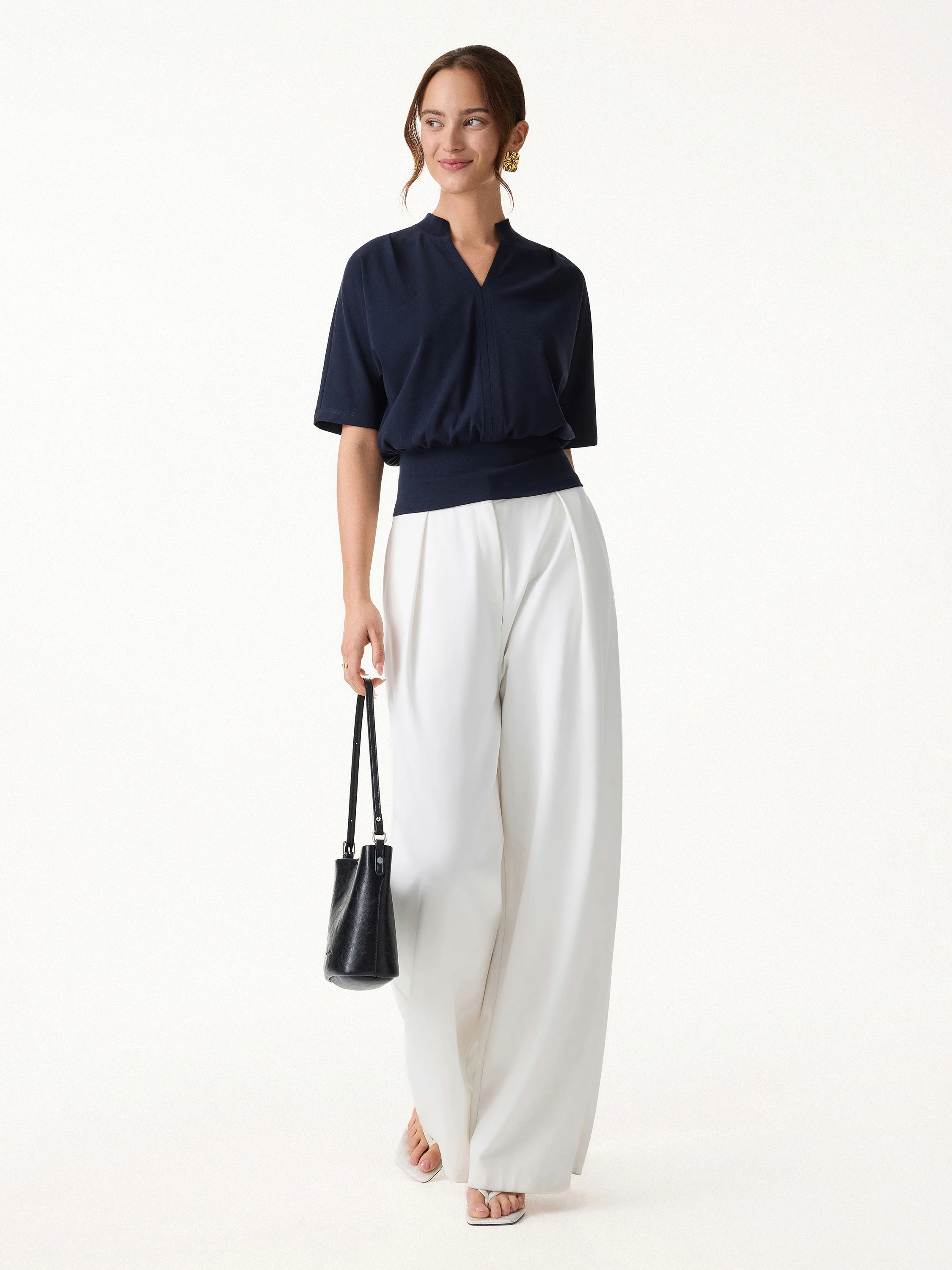 Stand Collar V-Neck Short Sleeve Top - Image 2