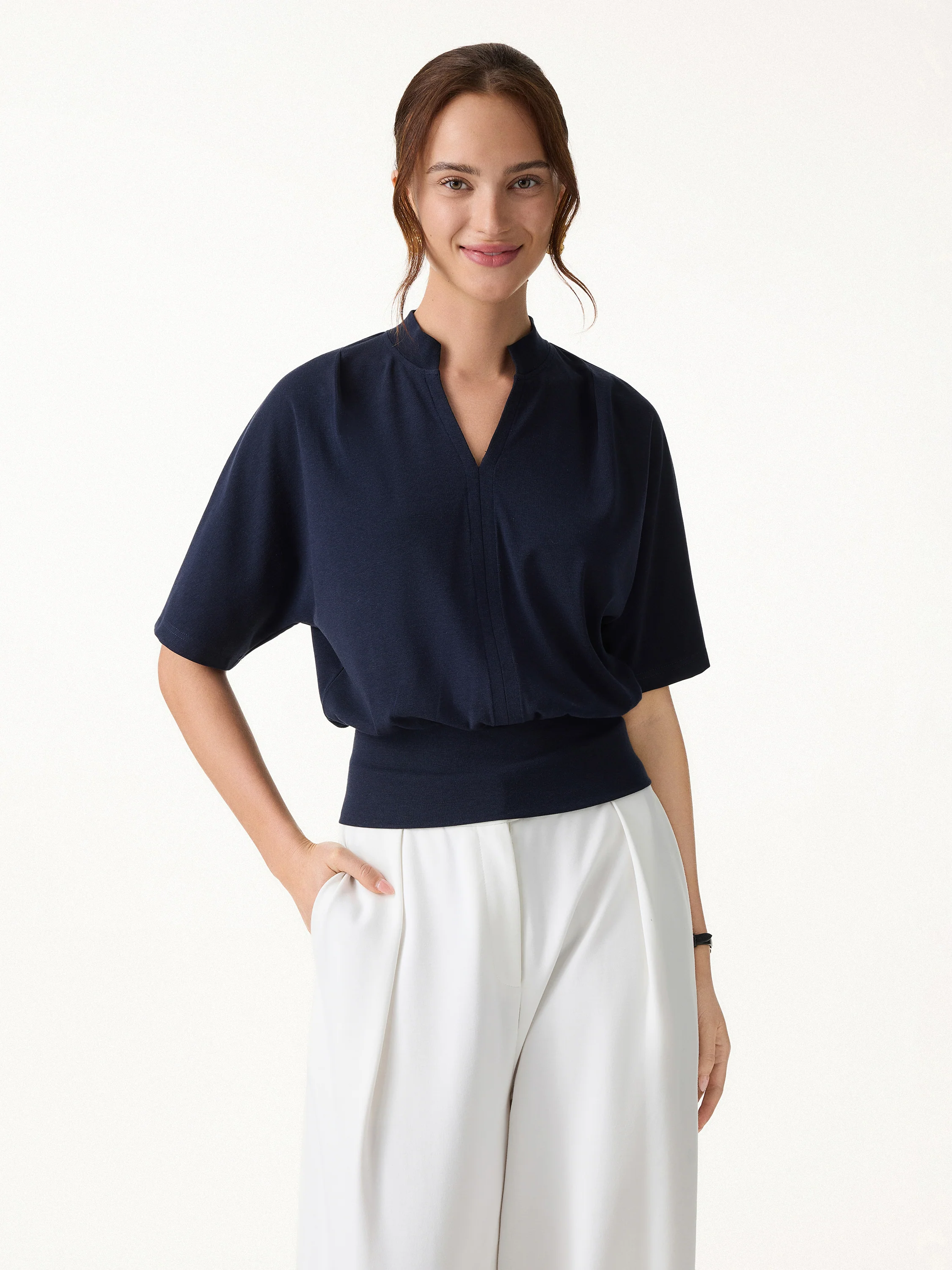 Stand Collar V-Neck Short Sleeve Top - Image 3