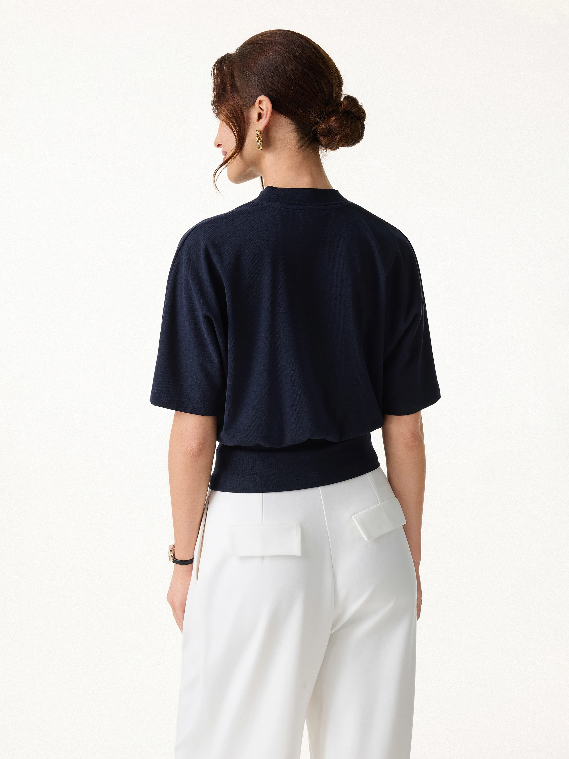 Stand Collar V-Neck Short Sleeve Top - Image 4