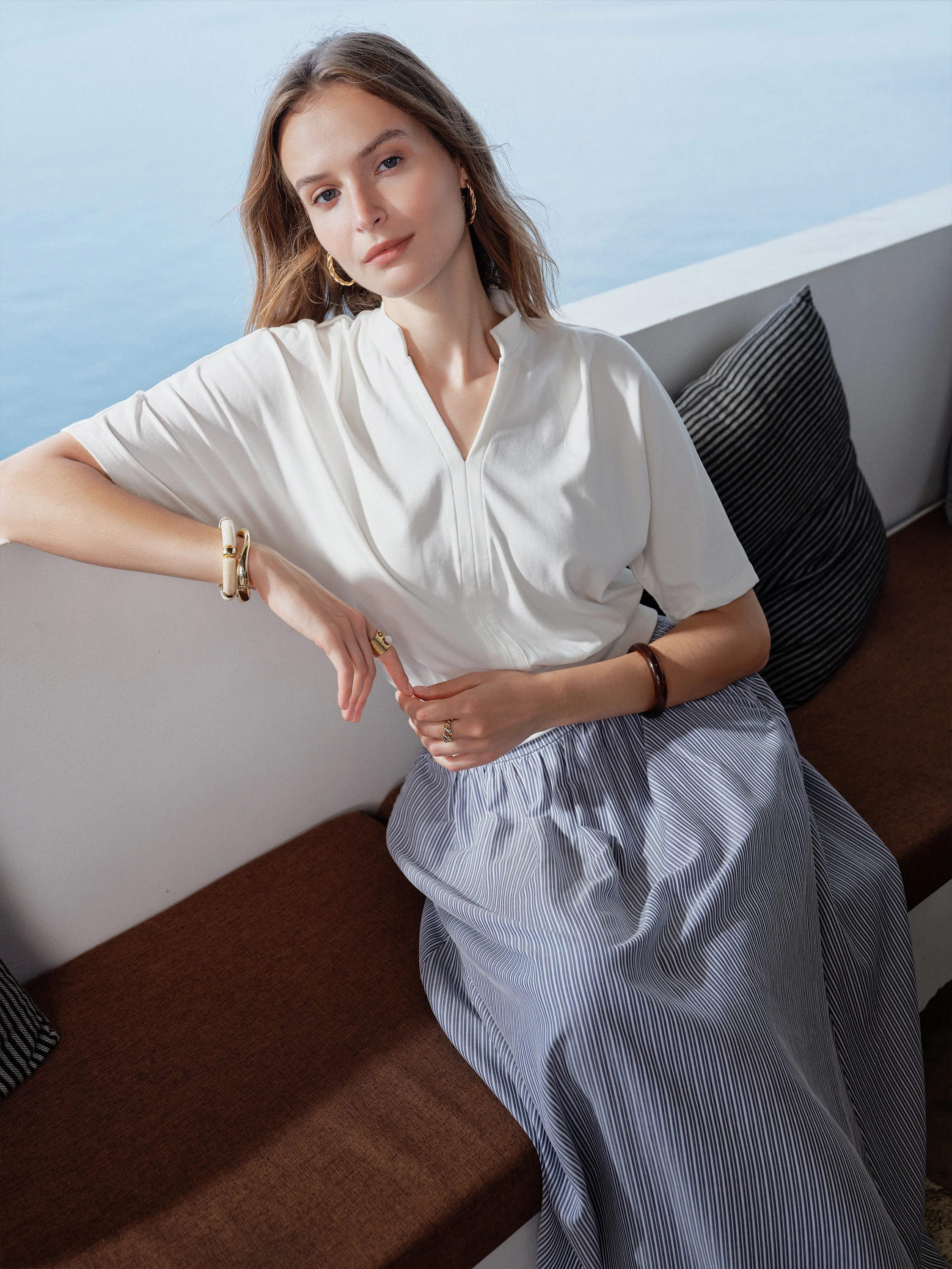 Stand Collar V-Neck Short Sleeve Top - Image 8