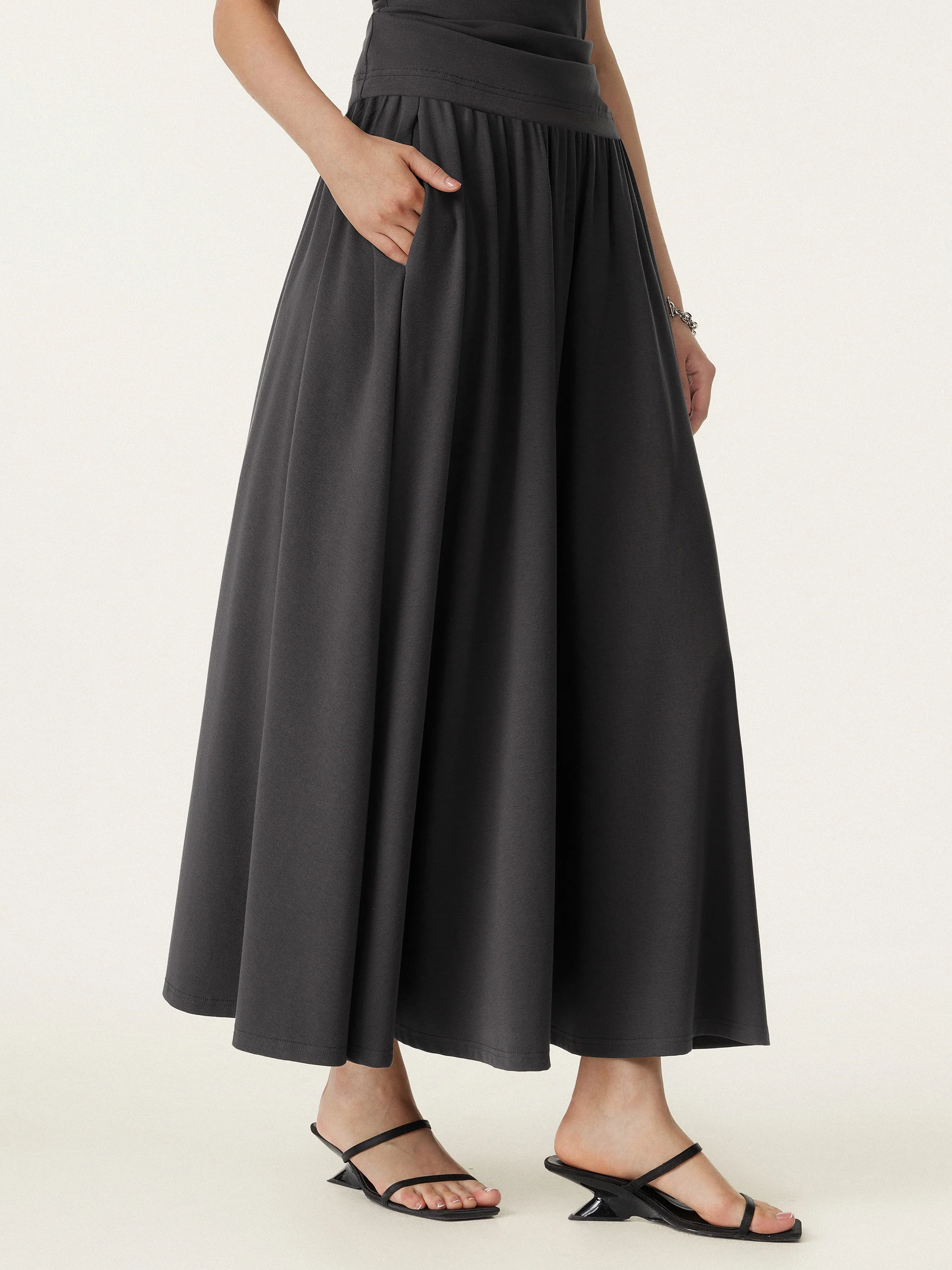 Stretch Cotton Maxi Umbrella Skirt with Pockets - Image 9