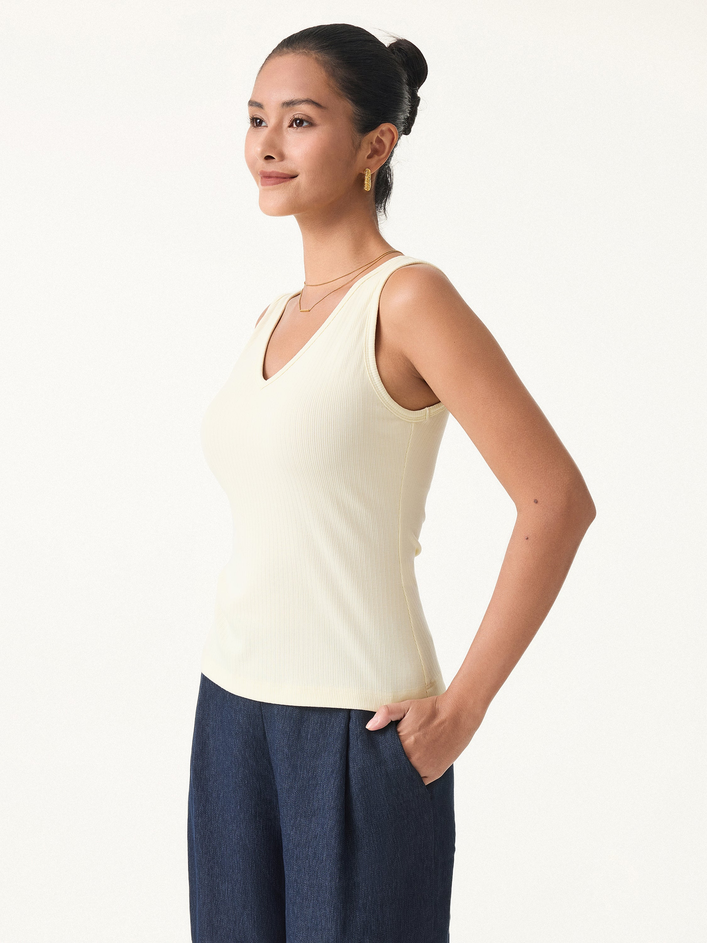 Stretch Cotton Pointelle V-neck Sleeveless Bra Tank - Image 3