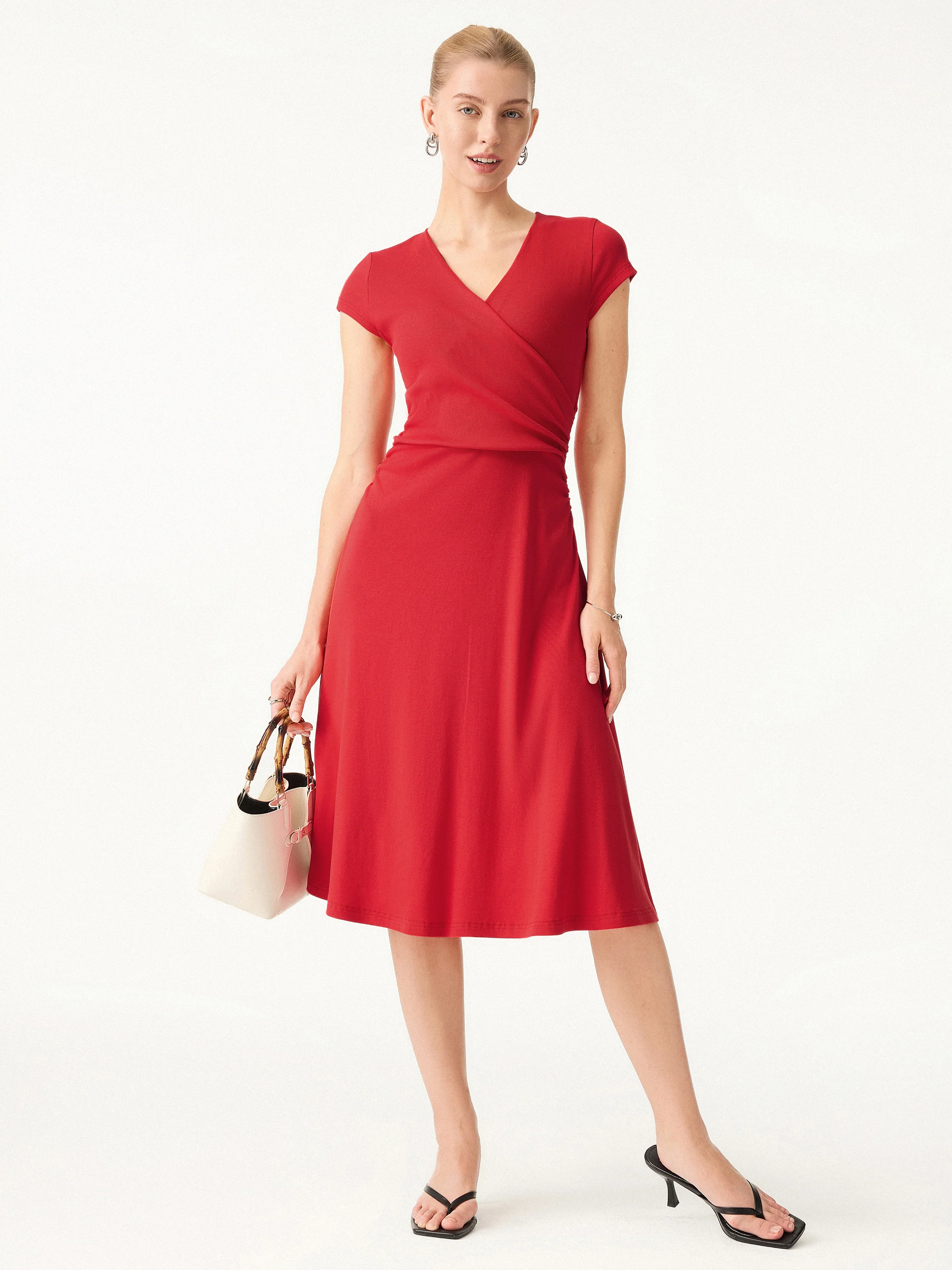 Stretch Cotton Surplice V-neck Cap Sleeve Midi Dress - Image 2
