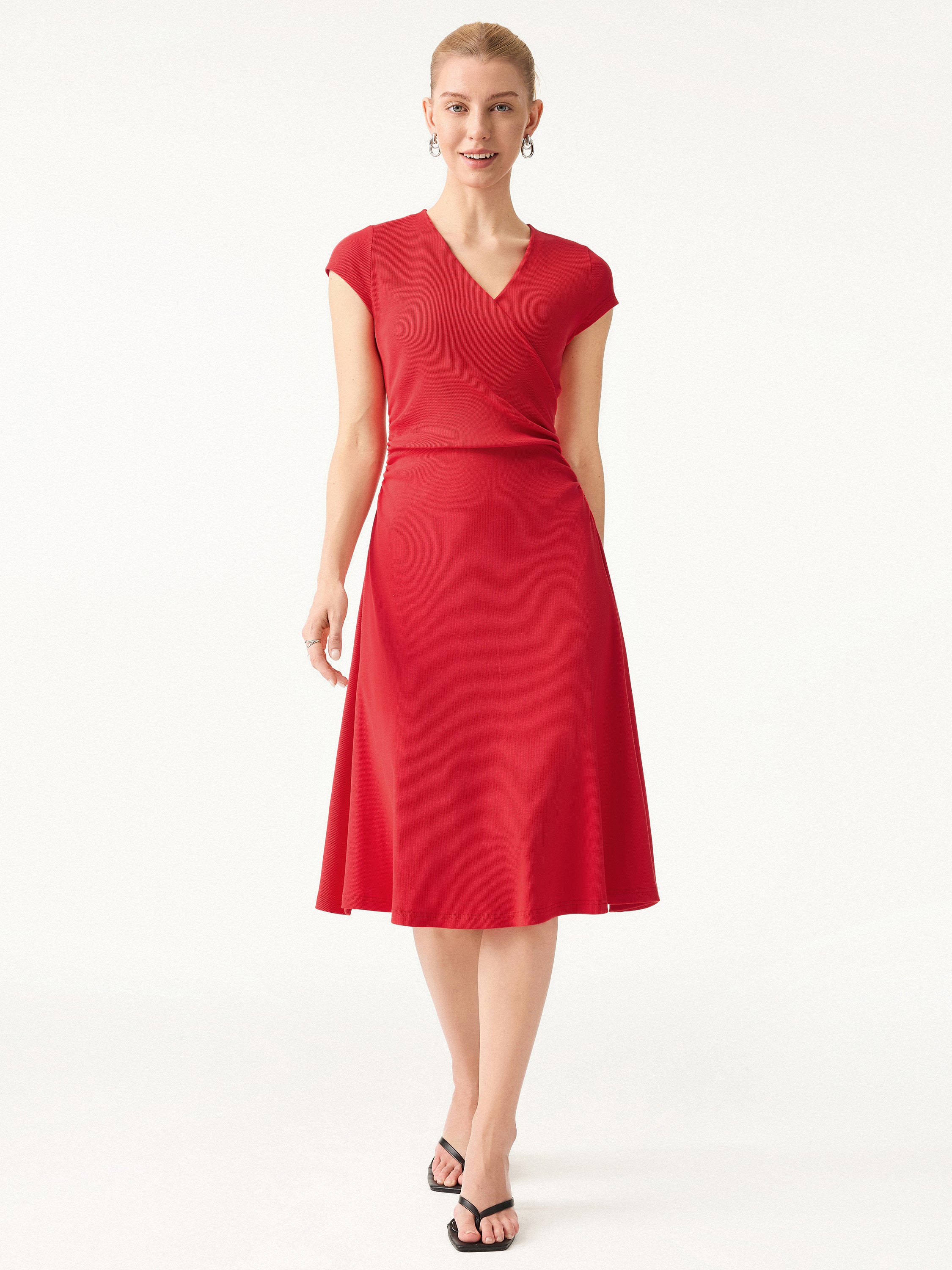 Stretch Cotton Surplice V-neck Cap Sleeve Midi Dress - Image 3
