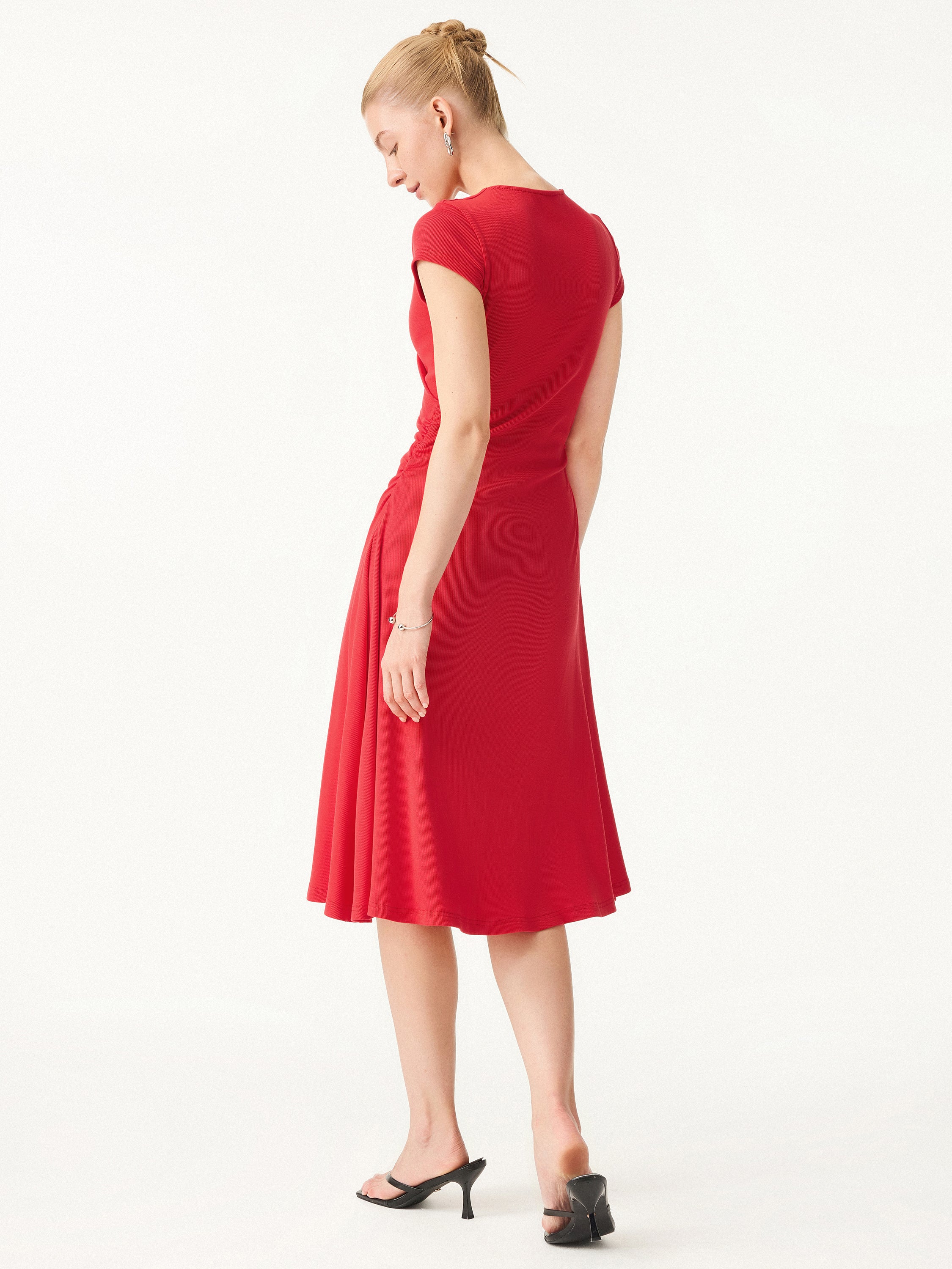 Stretch Cotton Surplice V-neck Cap Sleeve Midi Dress - Image 4
