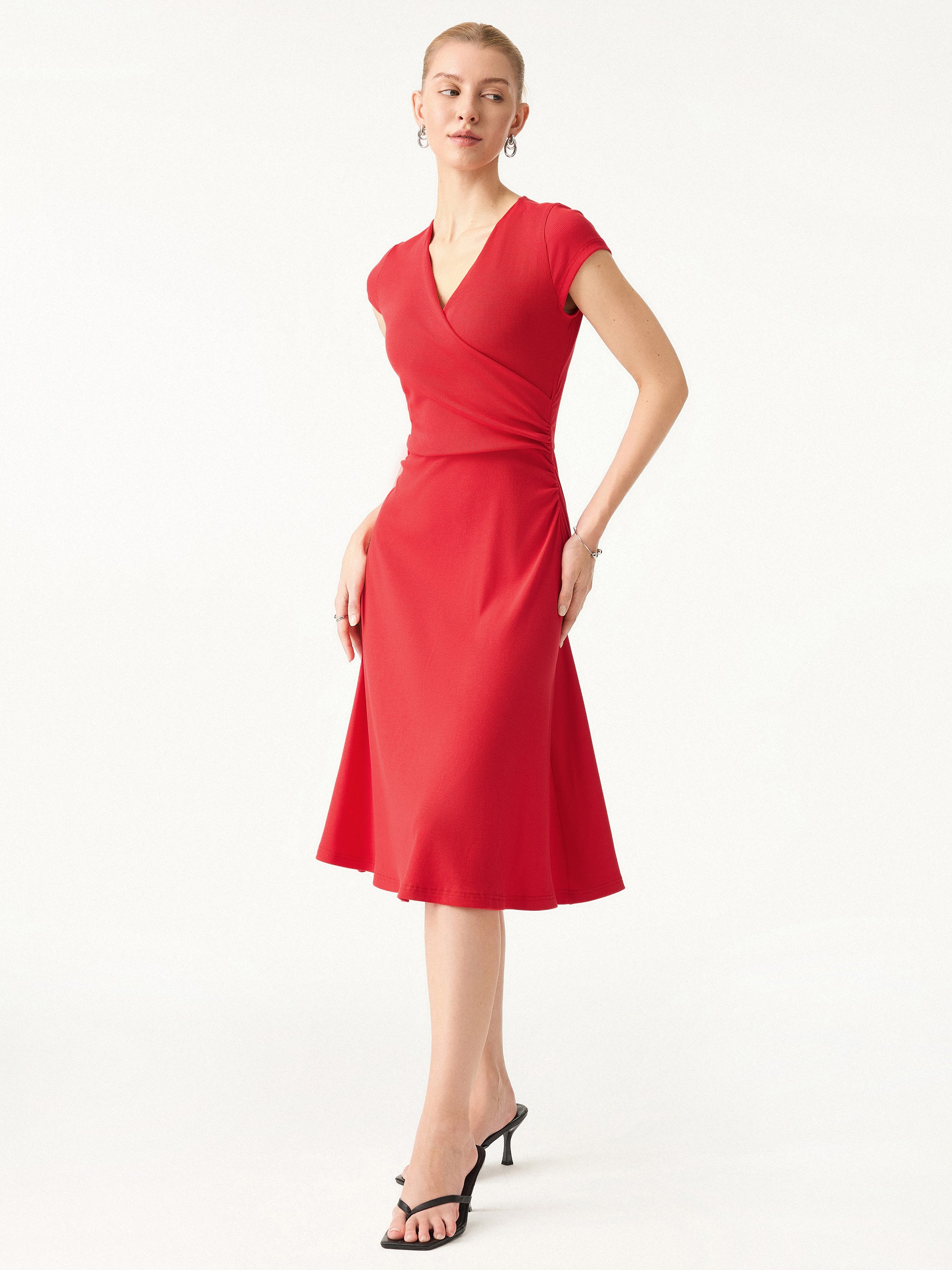 Stretch Cotton Surplice V-neck Cap Sleeve Midi Dress - Image 5