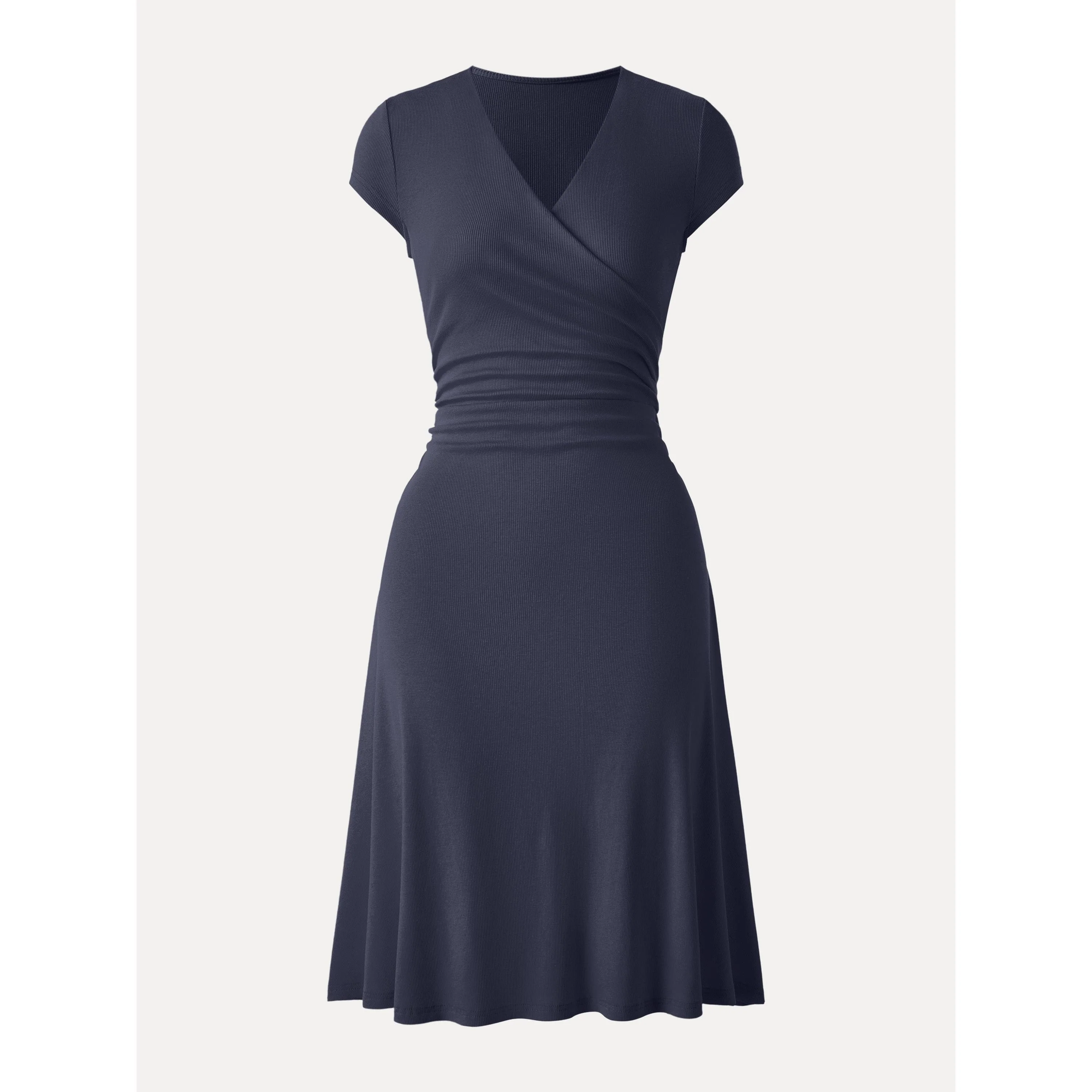 Stretch Cotton Surplice V-neck Cap Sleeve Midi Dress - Image 9