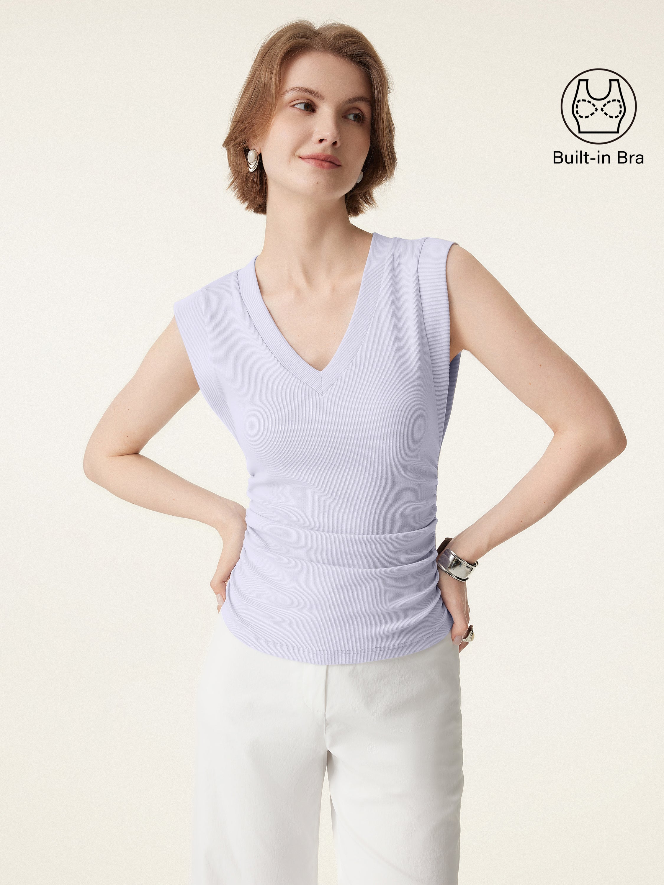 Stretch Cotton V-neck Side Ruched Muscle Bra Top - Image 7