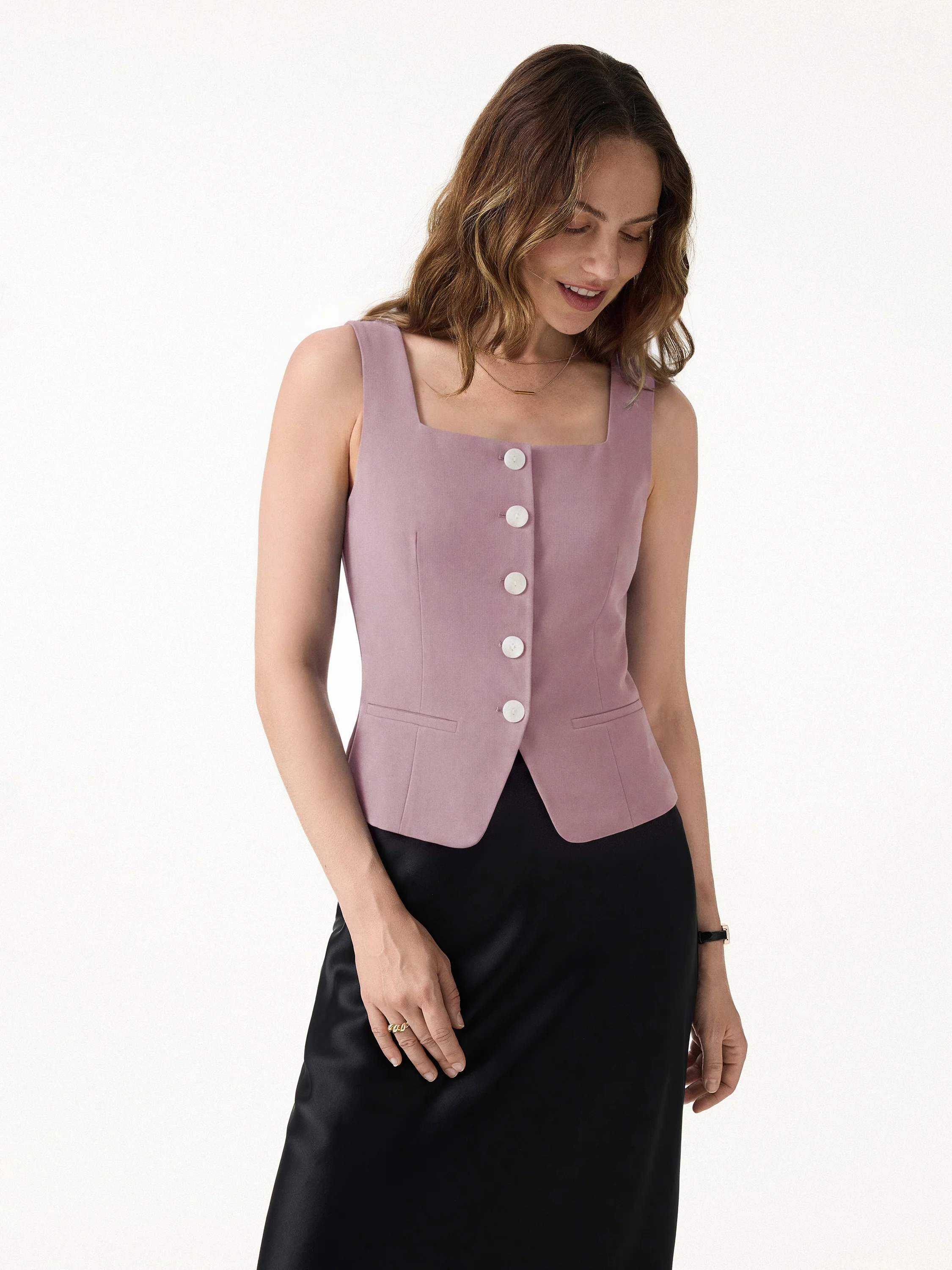 Stretch Ponte Square Neck Cropped Waistcoat with Pockets - Image 10