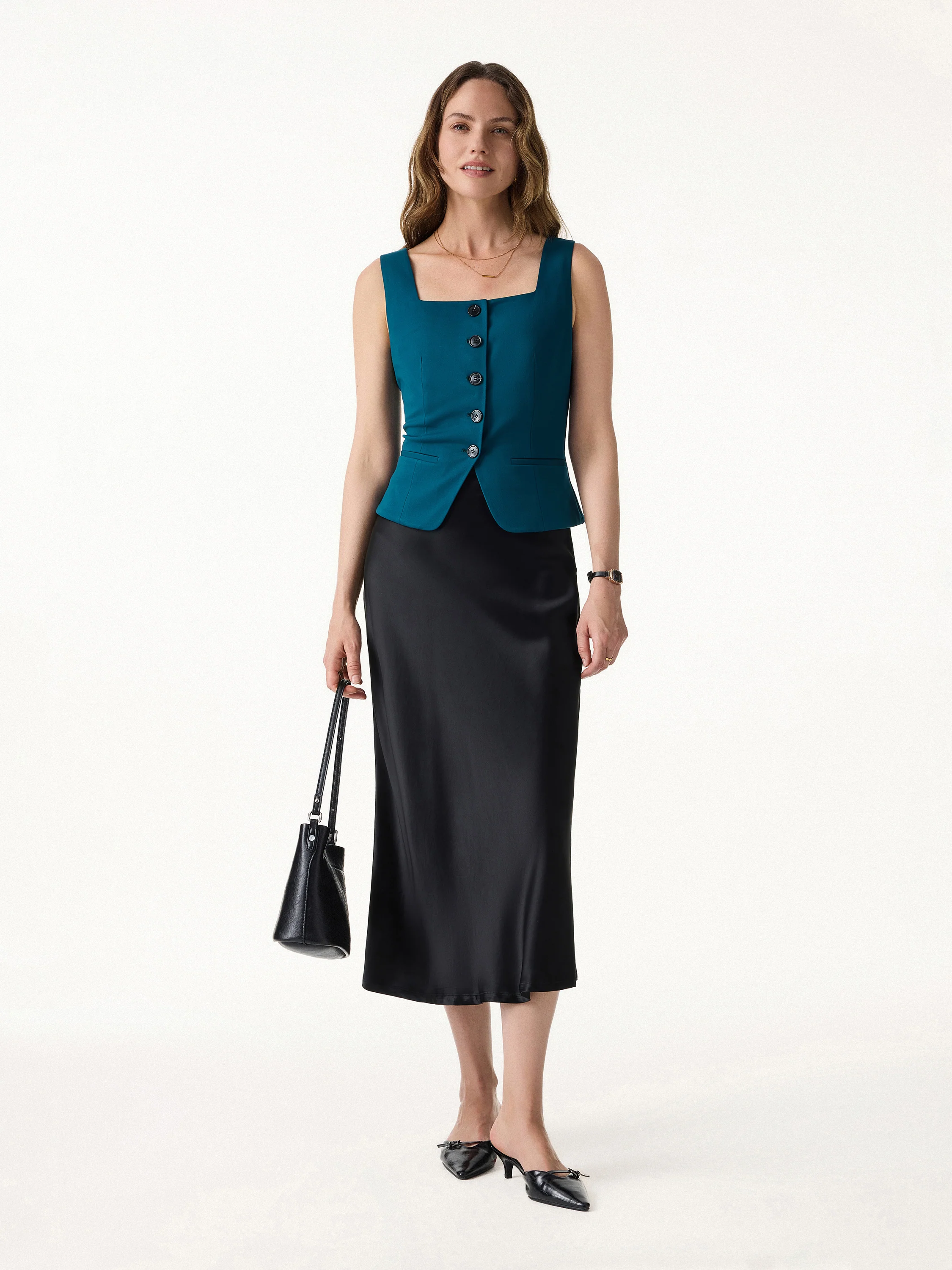 Stretch Ponte Square Neck Cropped Waistcoat with Pockets - Image 2