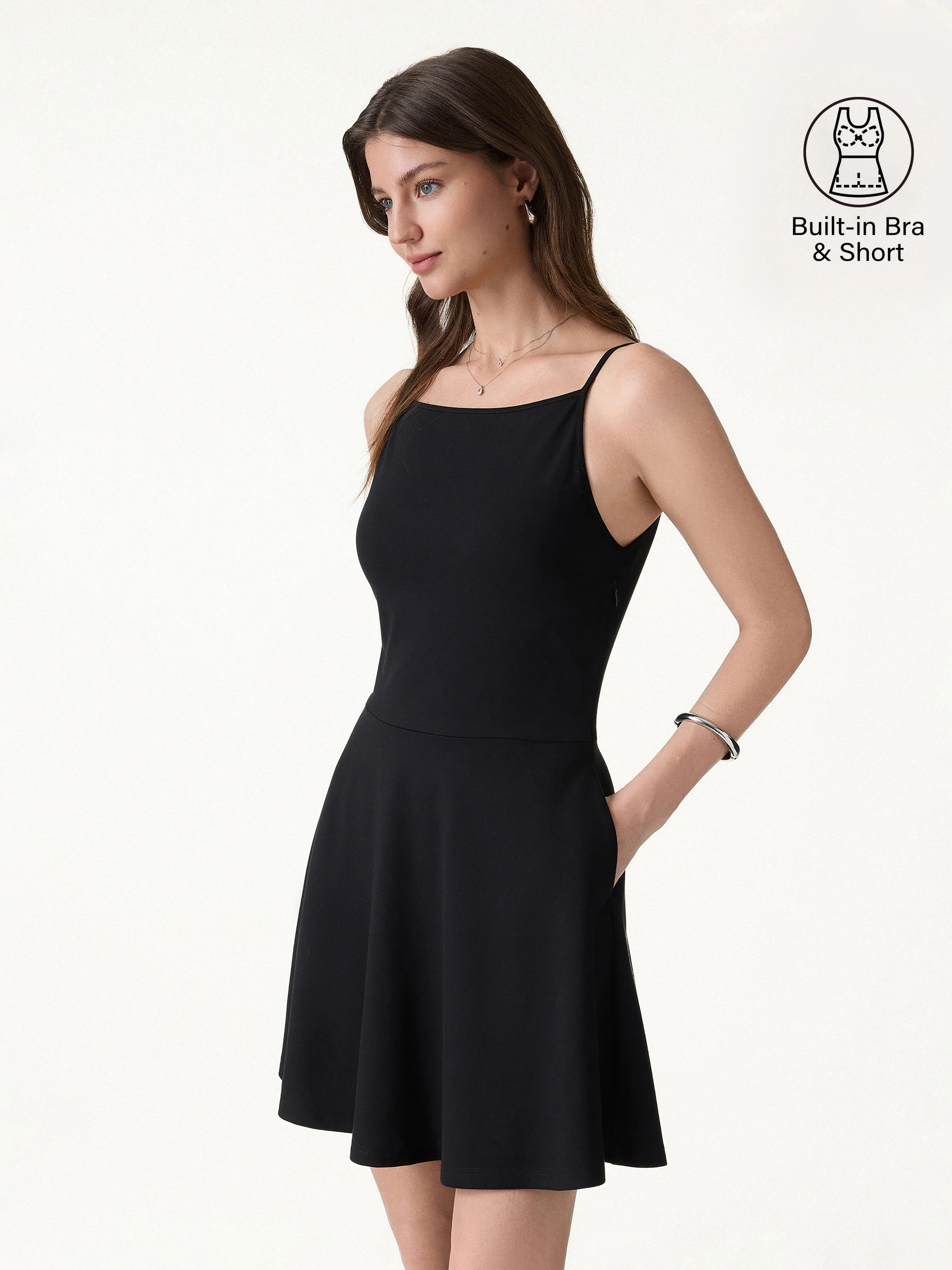 Stretch Ponte Square Neck Mini A-Line Bra Dress with Pockets - Image 3
