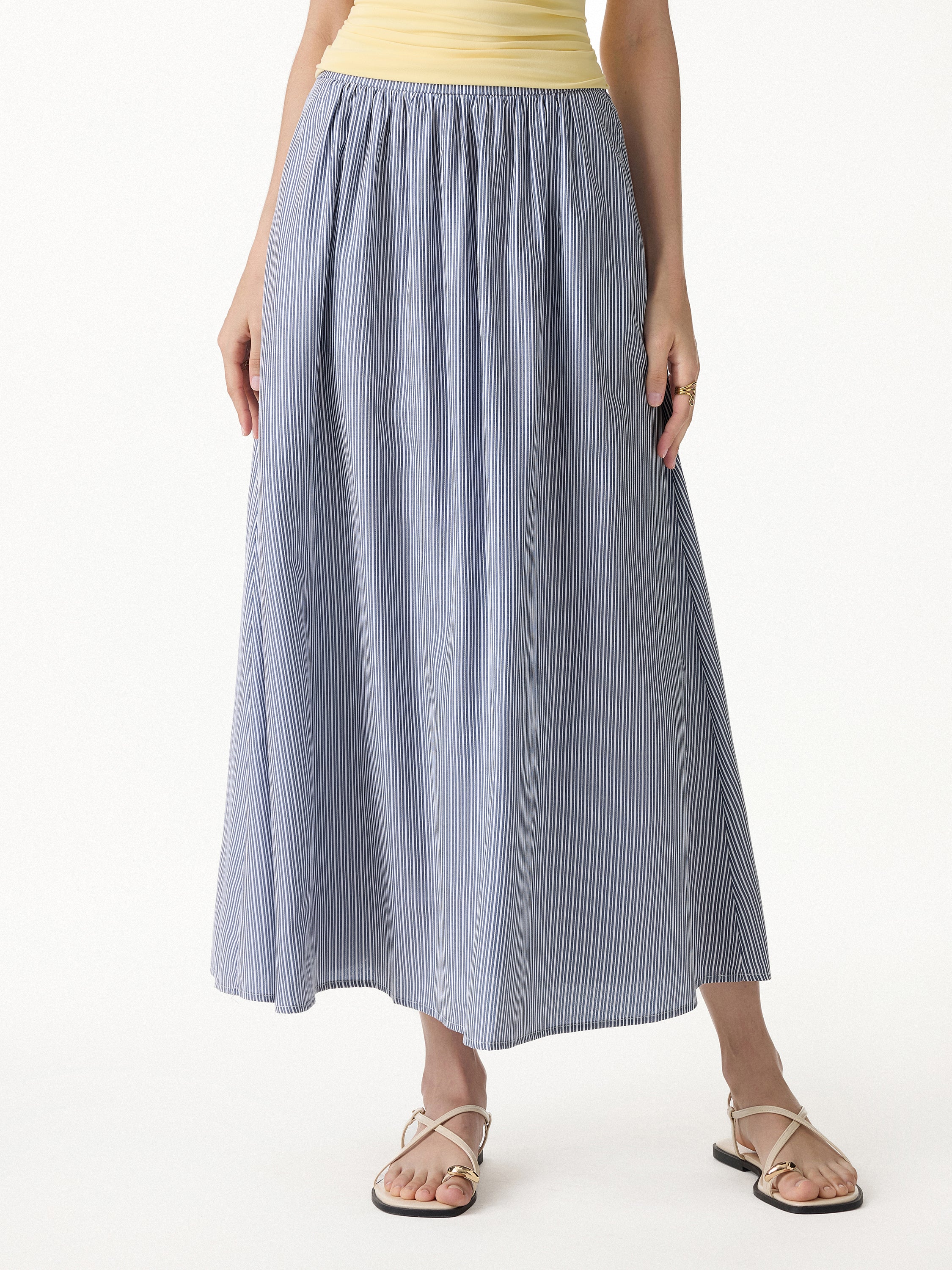 Striped Poplin High Rise Umbrella Midi Skirt with Pockets