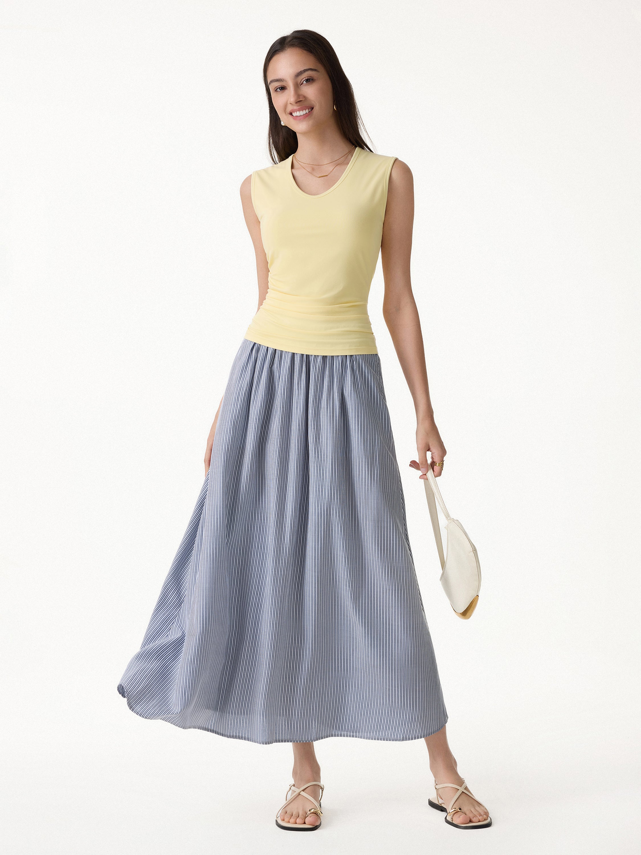Striped Poplin High Rise Umbrella Midi Skirt with Pockets - Image 3