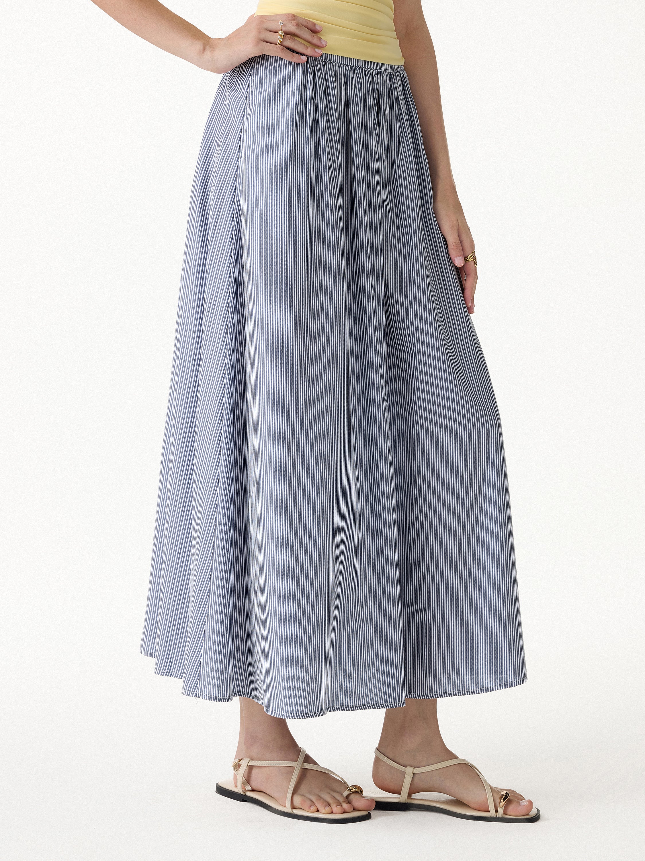 Striped Poplin High Rise Umbrella Midi Skirt with Pockets - Image 4