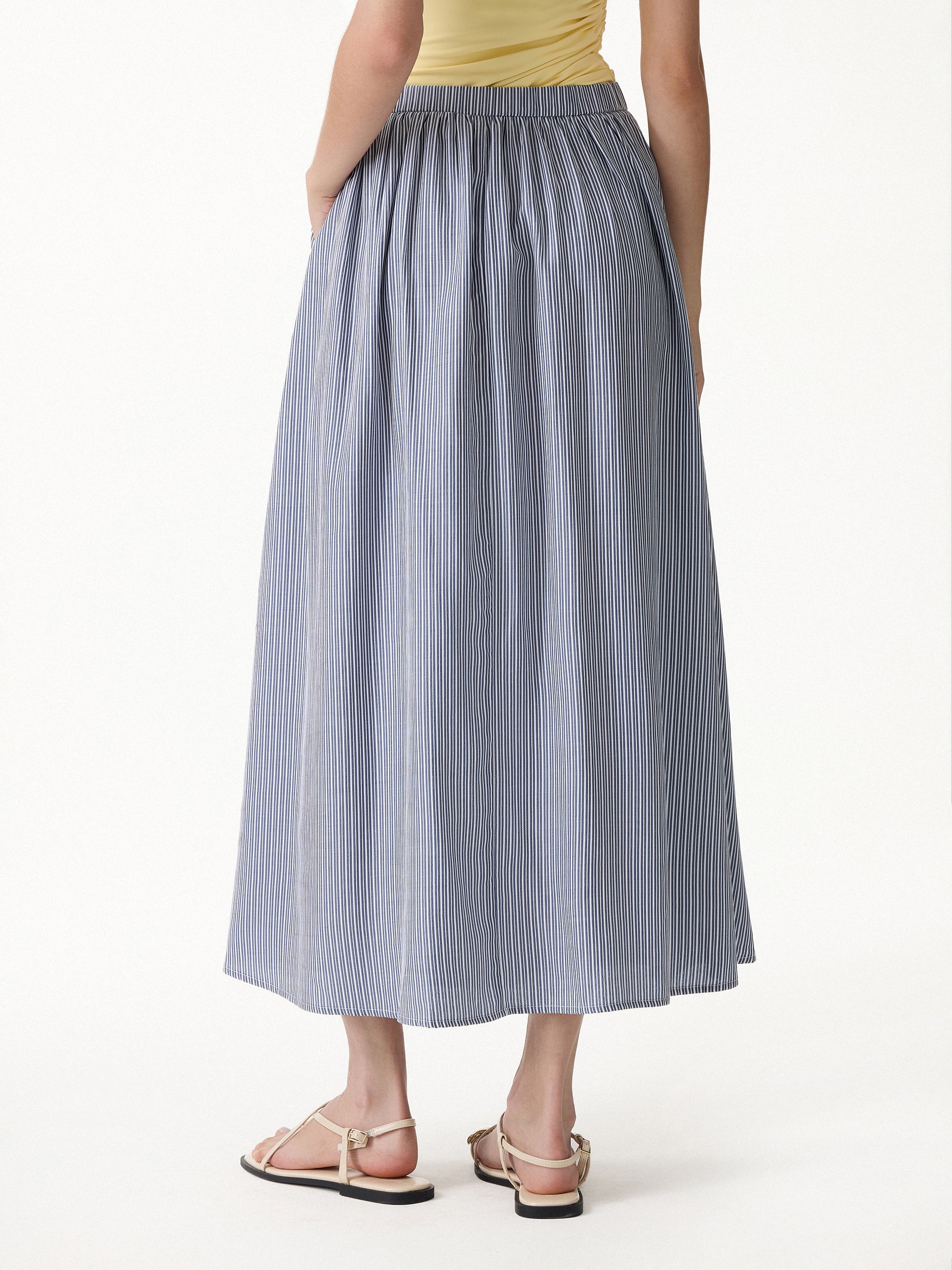 Striped Poplin High Rise Umbrella Midi Skirt with Pockets - Image 5