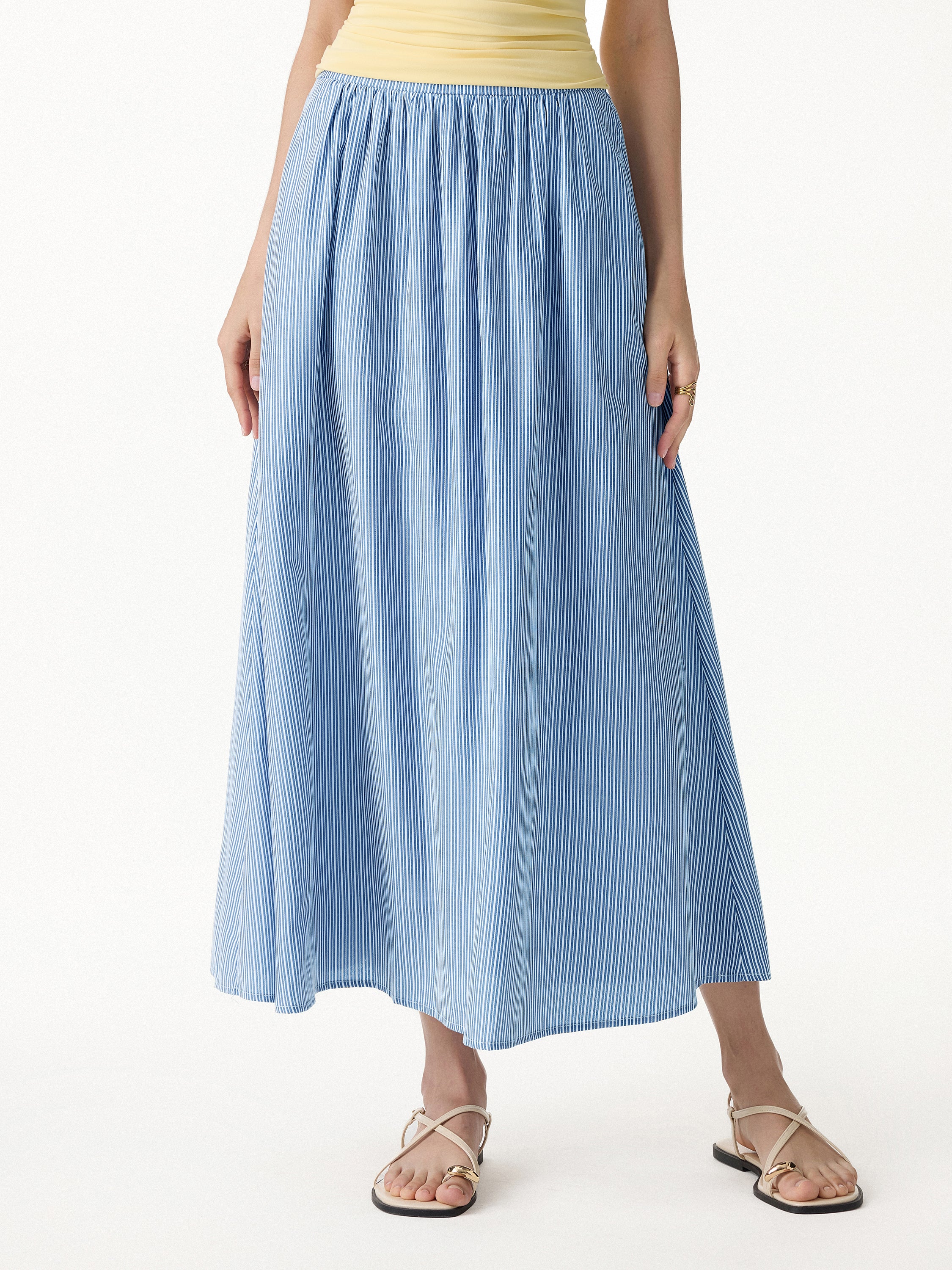 Striped Poplin High Rise Umbrella Midi Skirt with Pockets - Image 8