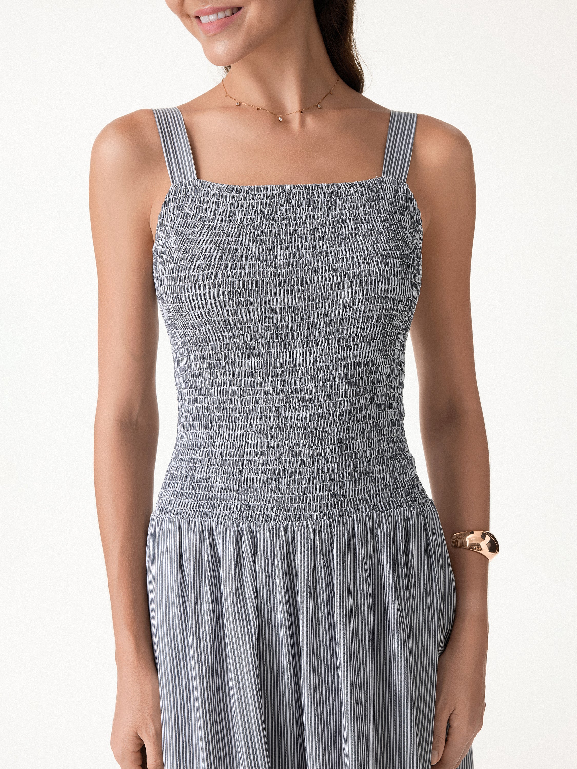 Striped Poplin Square Neck Smocked Midi Bra Dress - Image 2