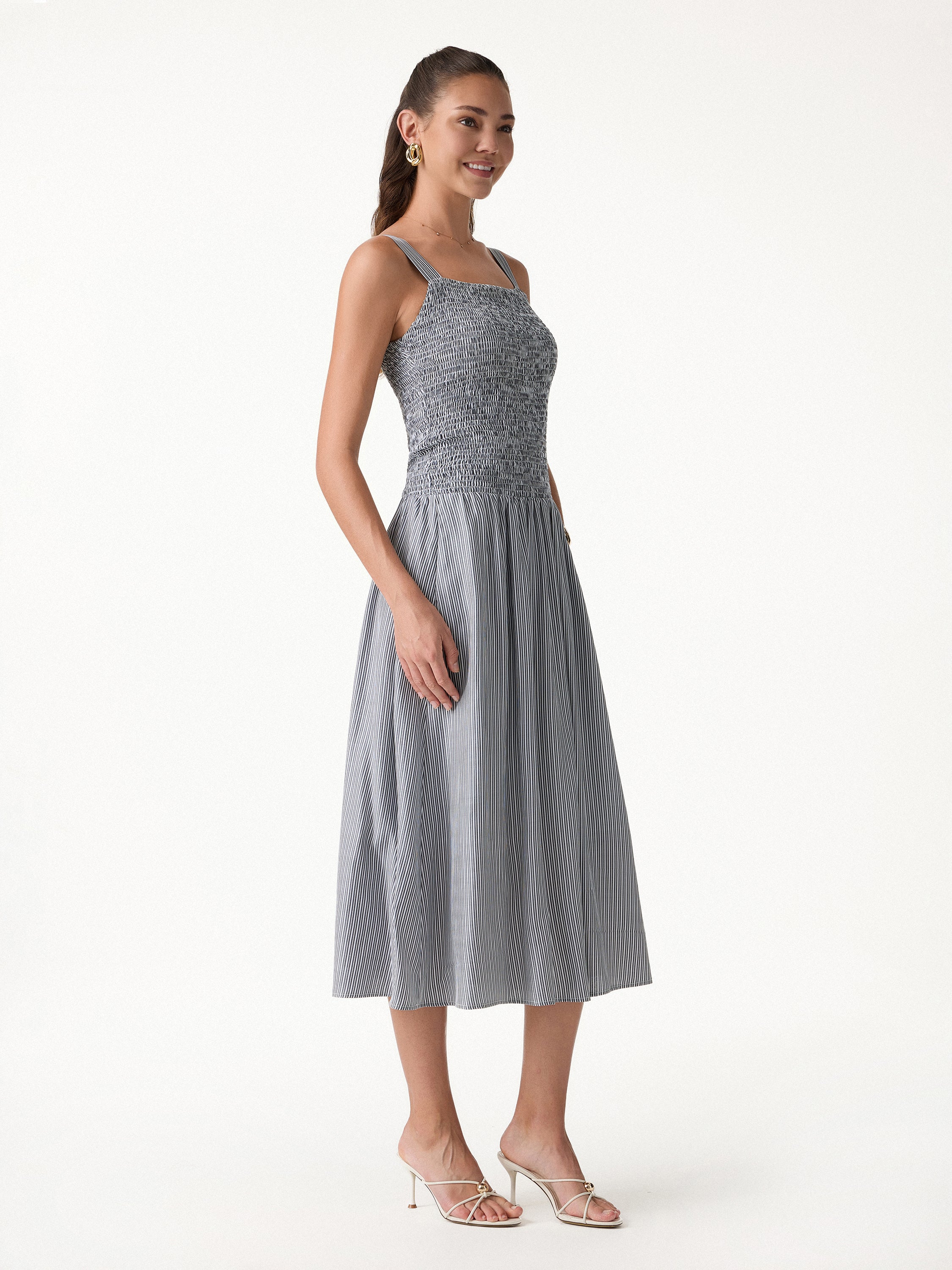 Striped Poplin Square Neck Smocked Midi Bra Dress - Image 3