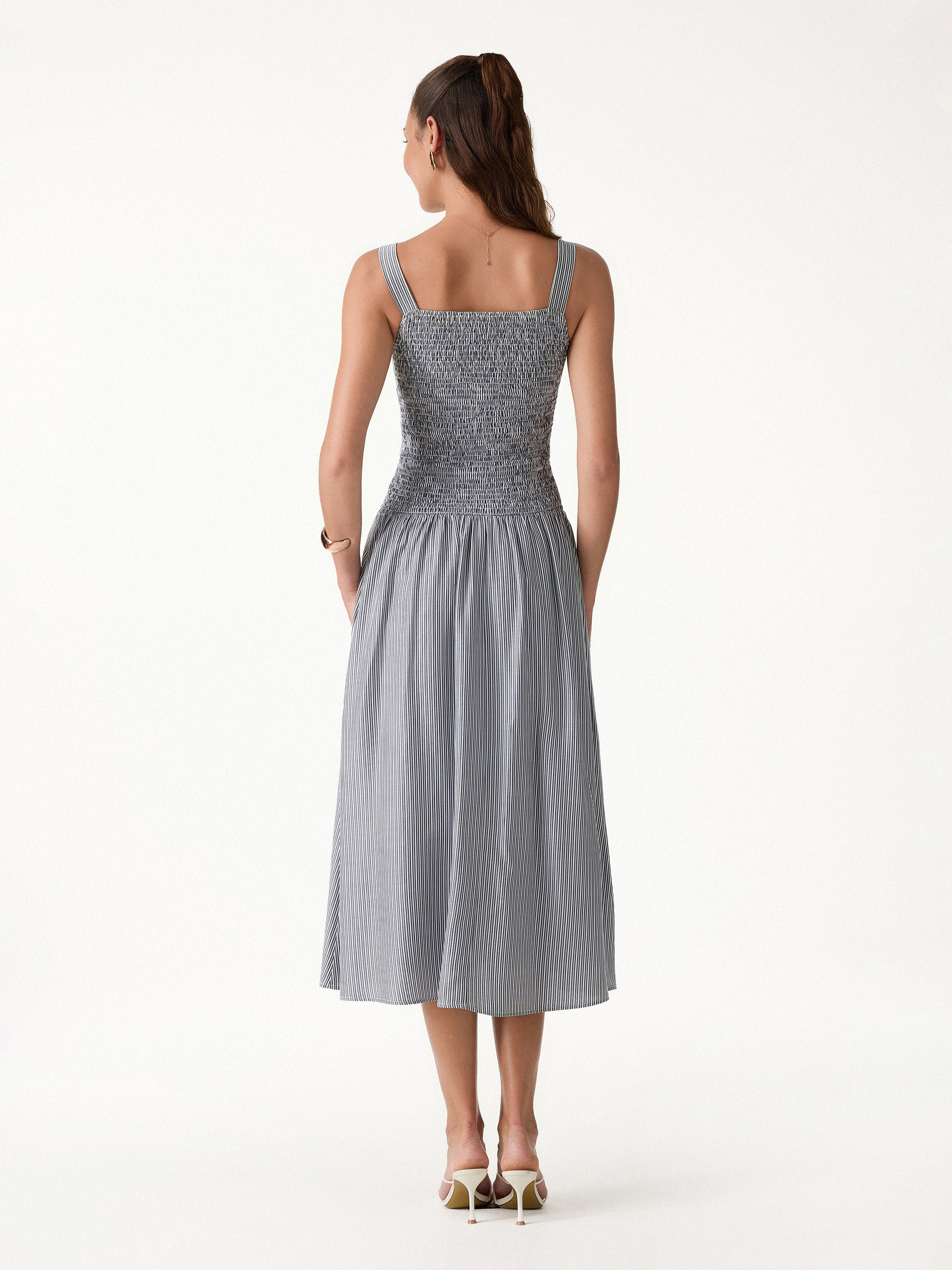 Striped Poplin Square Neck Smocked Midi Bra Dress - Image 4