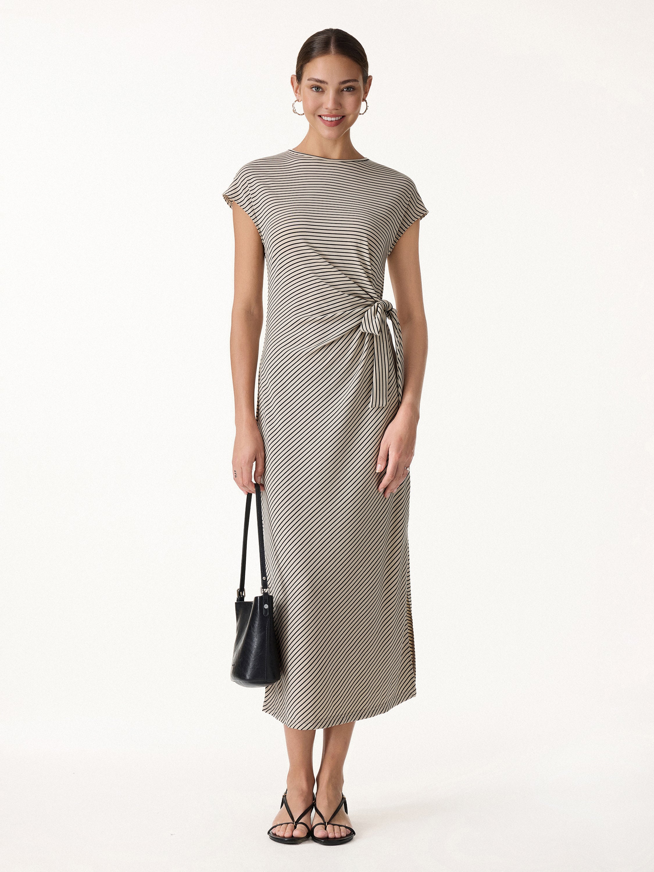 Striped Relaxed Midi Dress with Self-Tie - Image 2