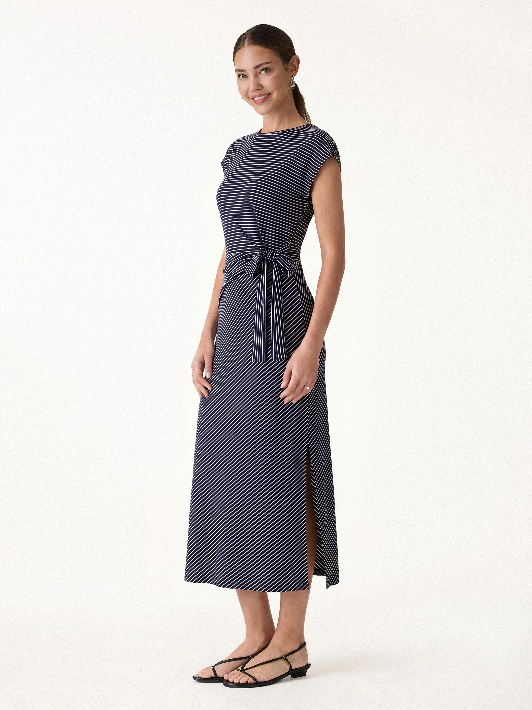 Striped Relaxed Midi Dress with Self-Tie - Image 8