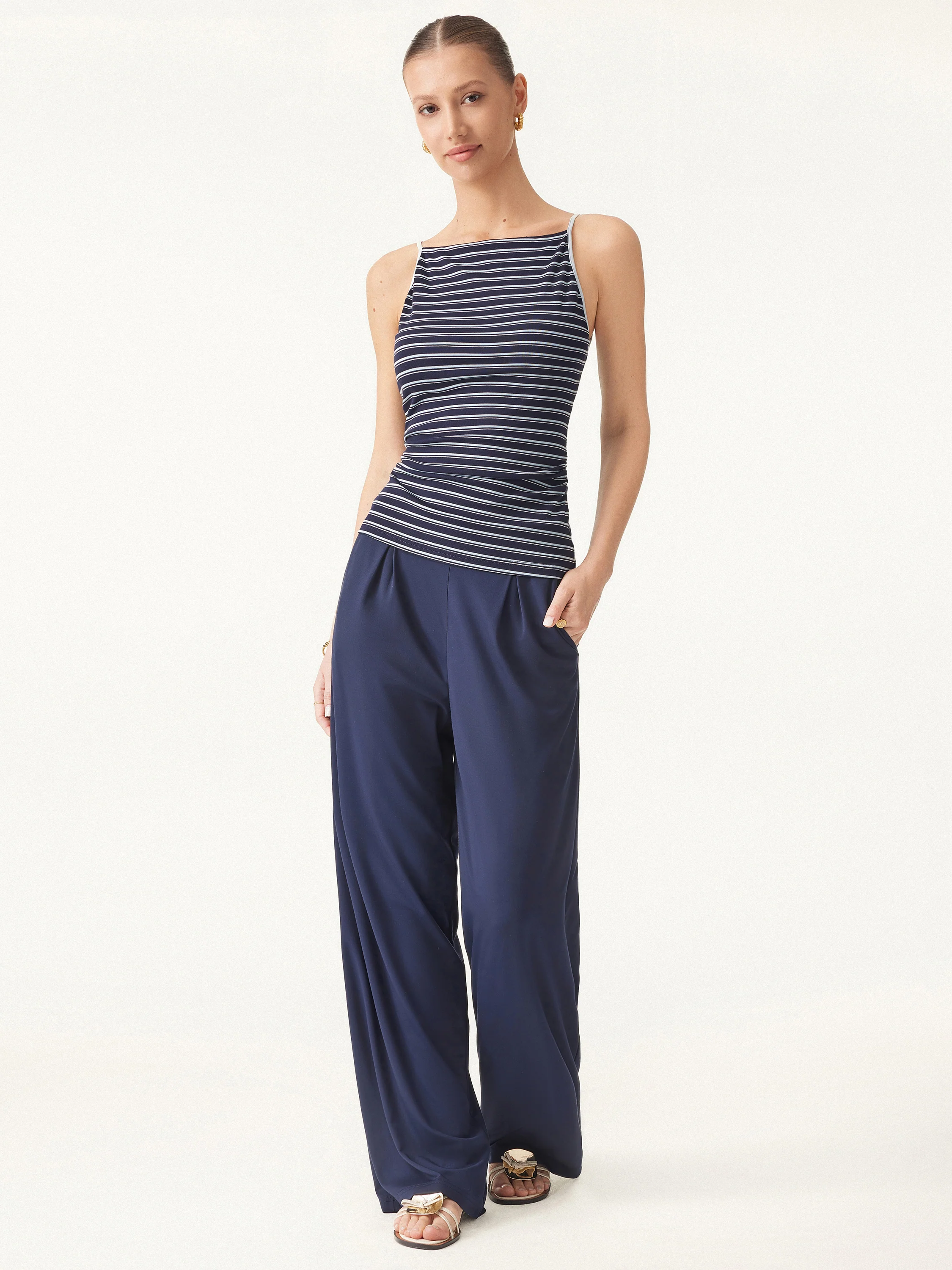 Striped Side Ruched Spaghetti New Airy Bra Tank - Image 2