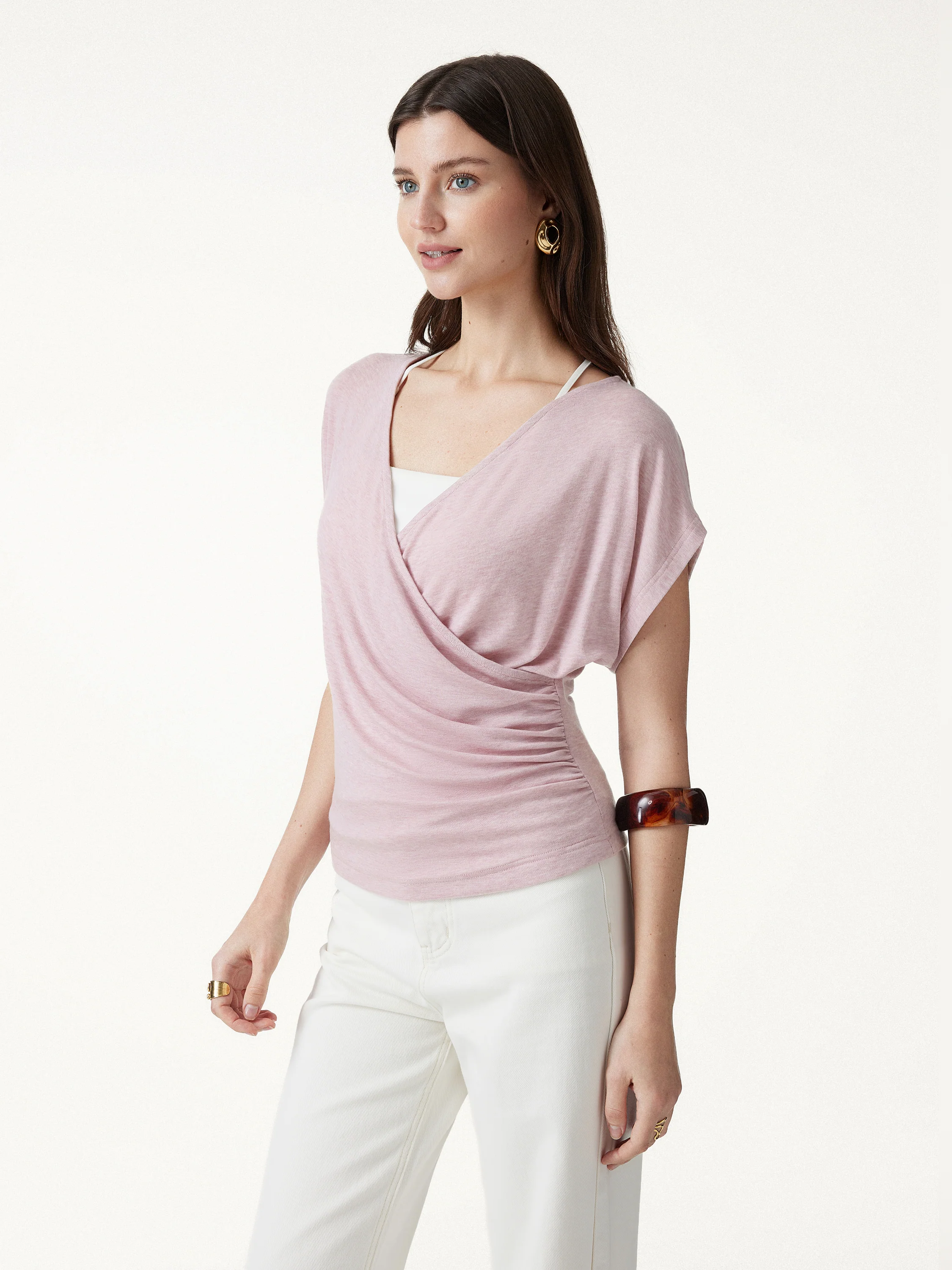 Summer Lyocell Wool Suprlice Ruched Short Sleeve Top - Image 3