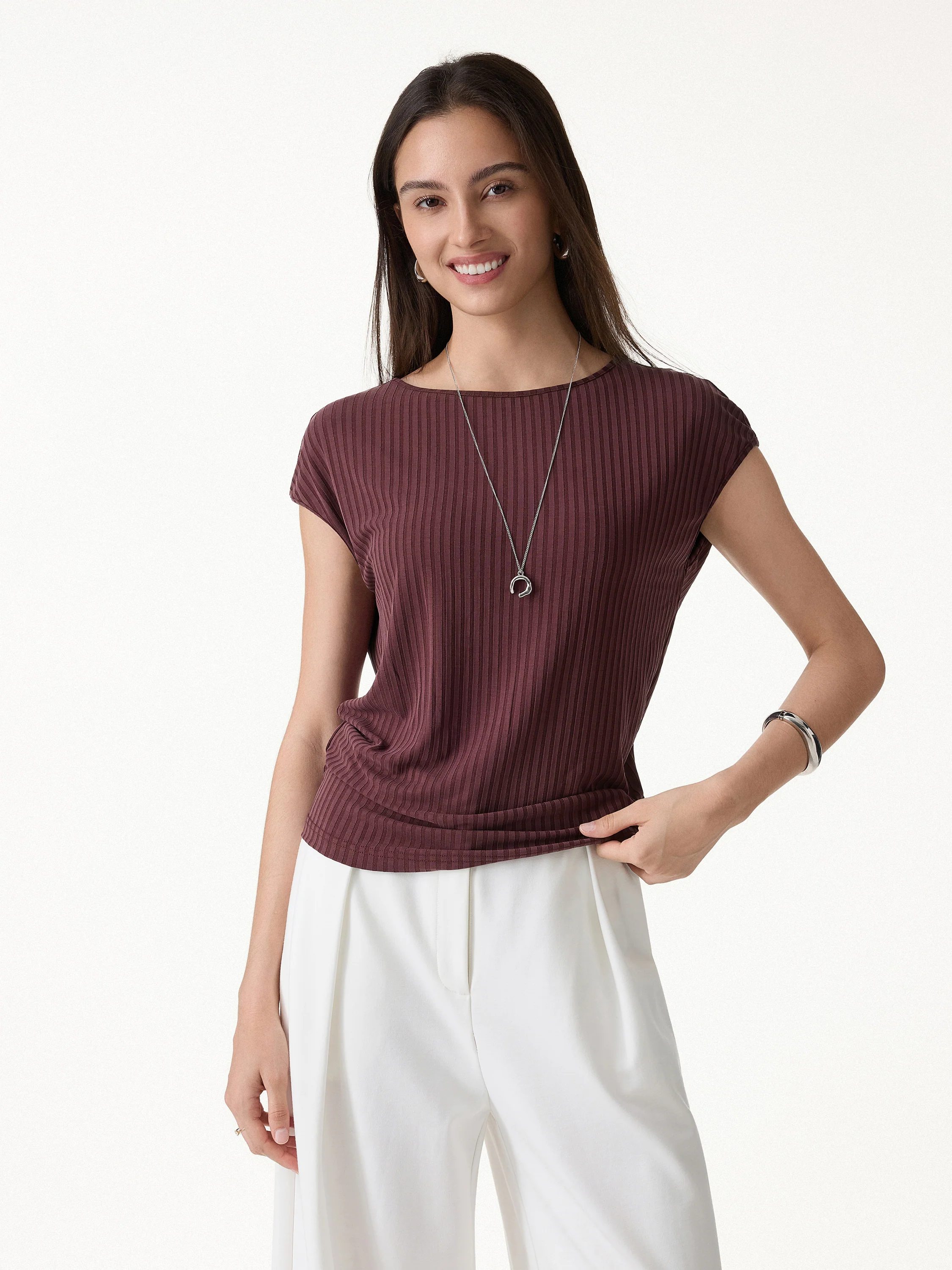 Wrinkle-Free Ultra-soft Boatneck Cap Sleeve Ribbed Top