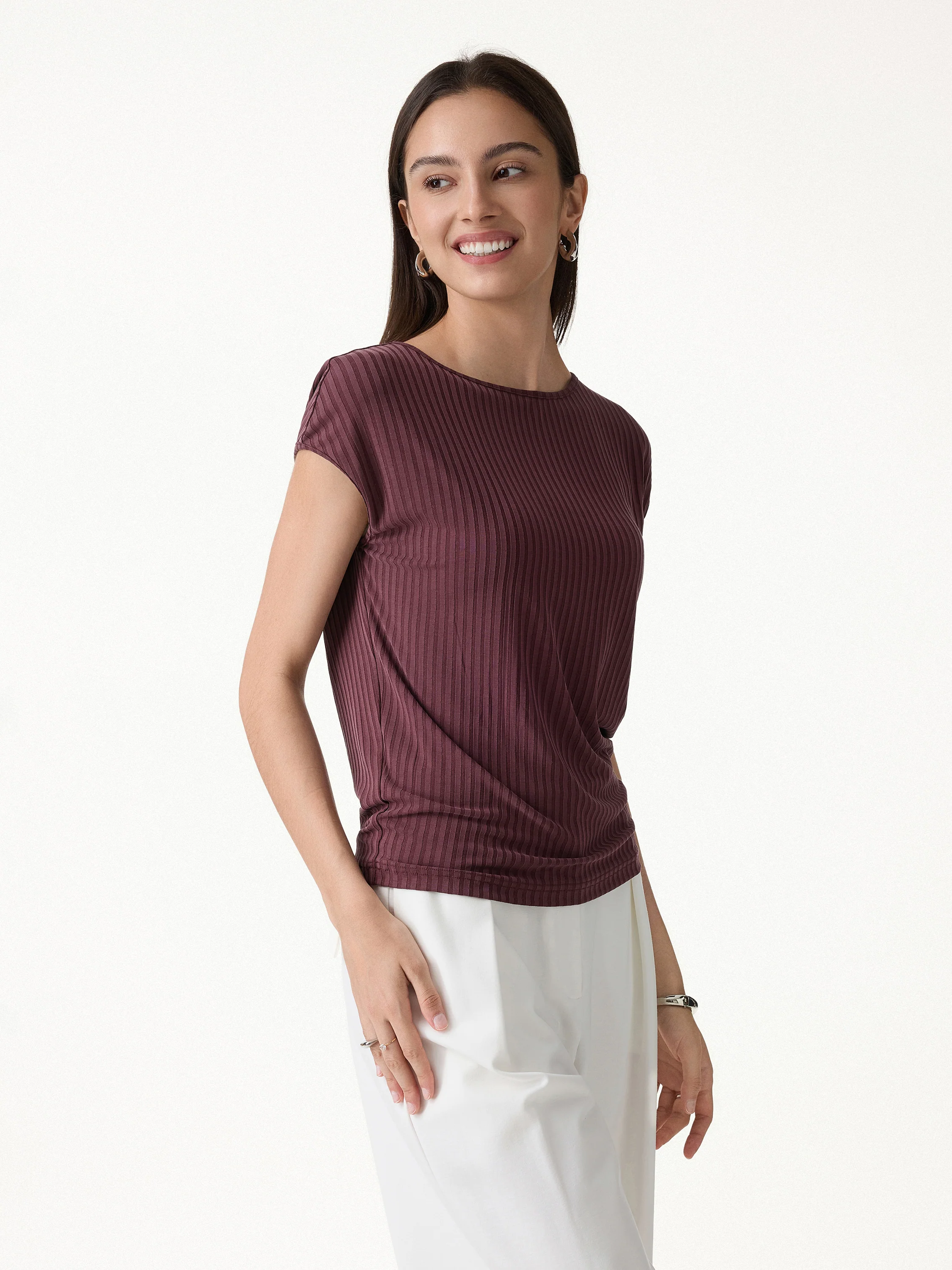 Wrinkle-Free Ultra-soft Boatneck Cap Sleeve Ribbed Top - Image 3