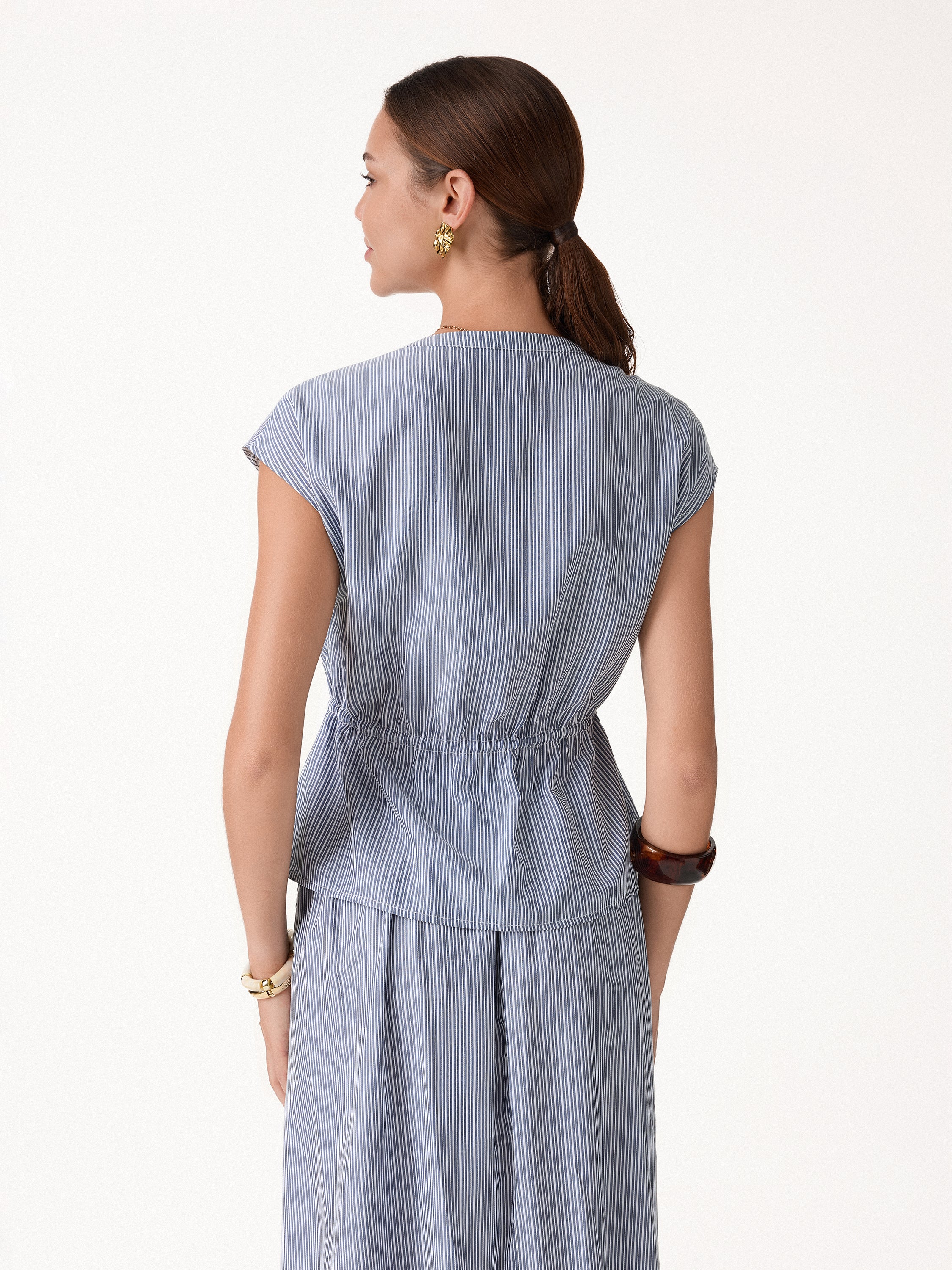 Notched V-Neck Drawstring Waist Poplin Shirt - Image 4