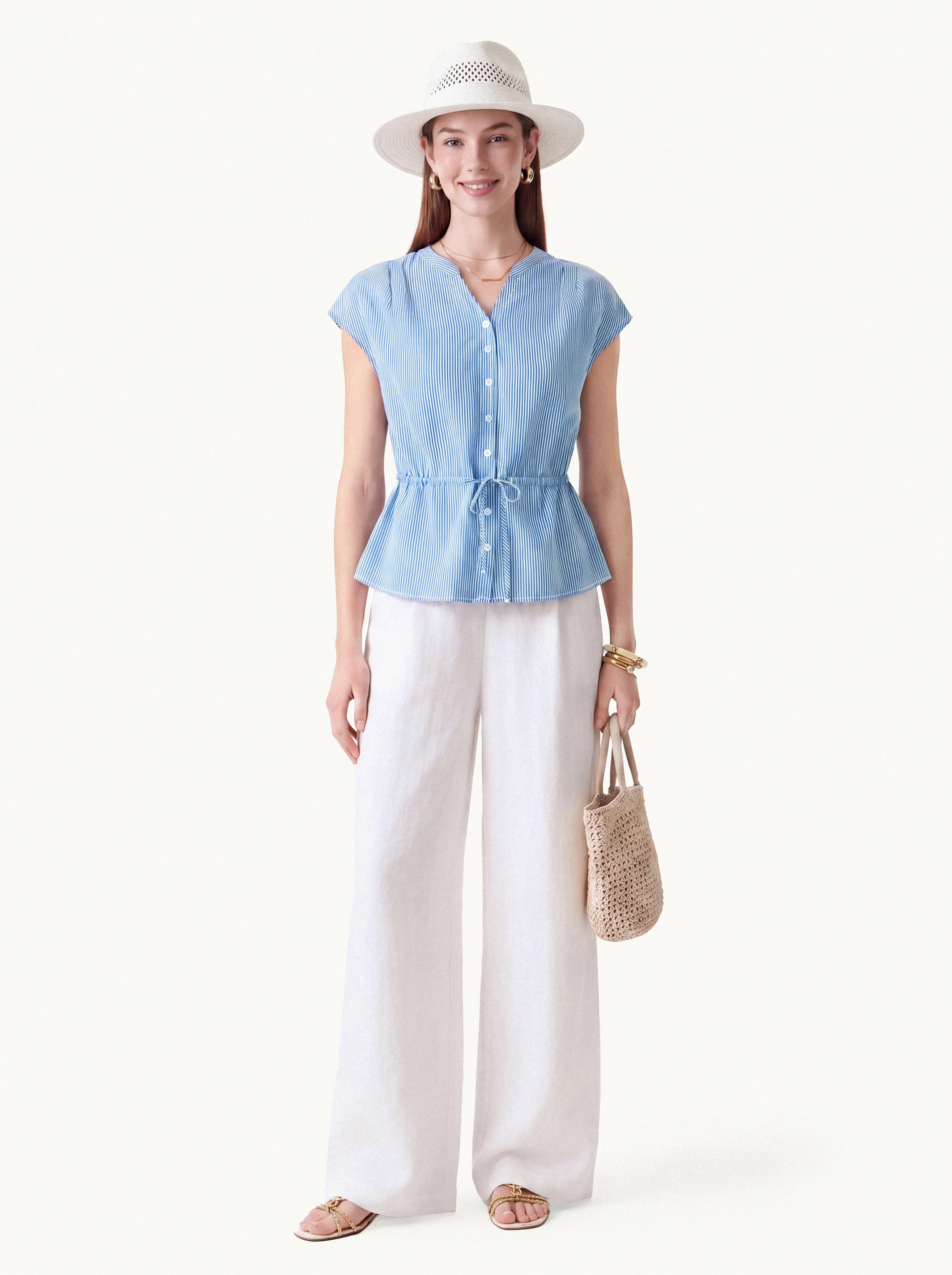 V-Neck Drawstring Waist Poplin Shirt - Image 7