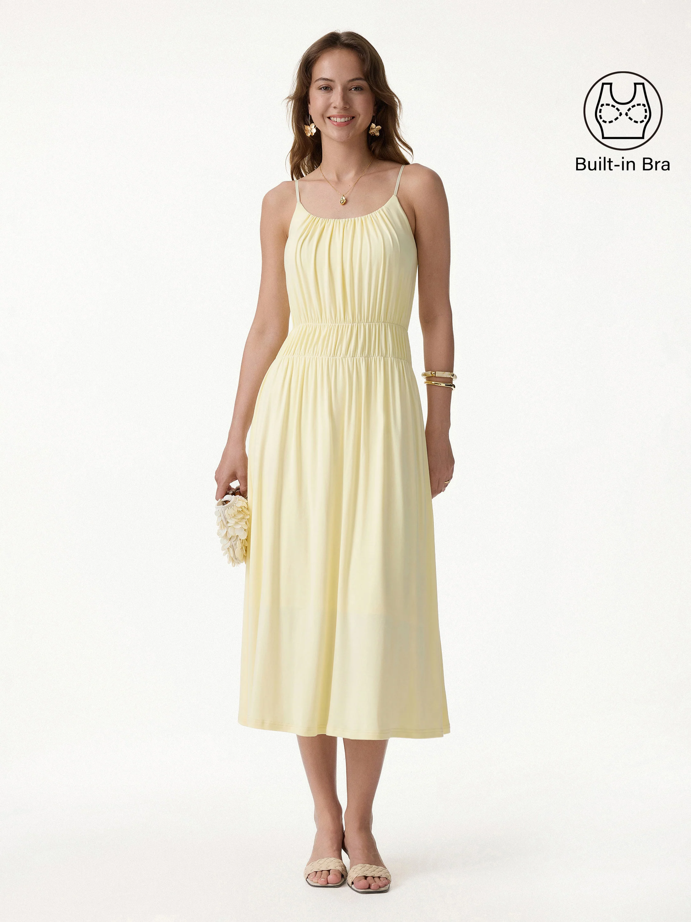 Vacay Gathered U-Neck Spaghetti Midi Bra Dress with Pockets