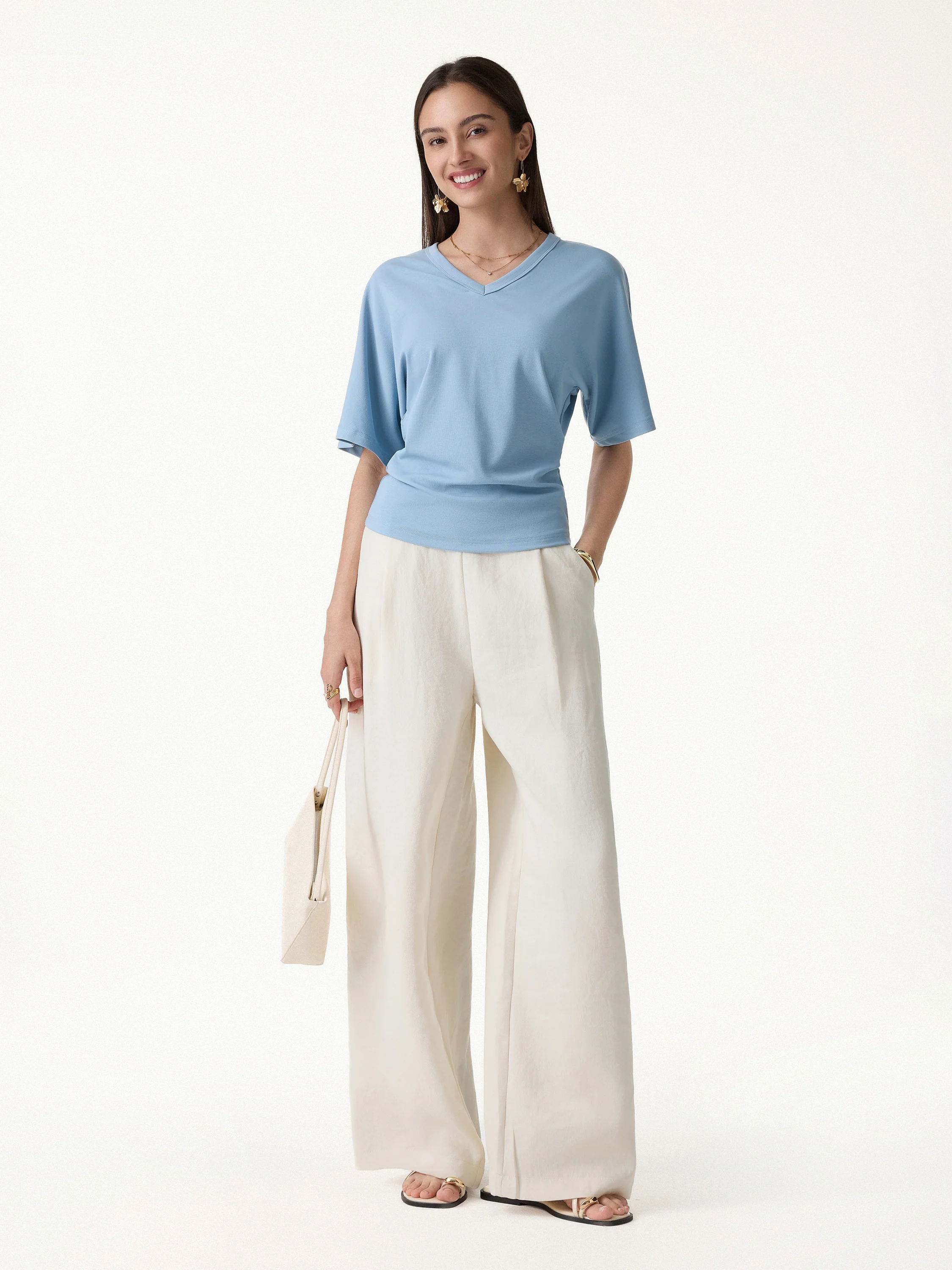 Viscose Cotton V-Neck Waist-Defining Summer Tee - Image 2