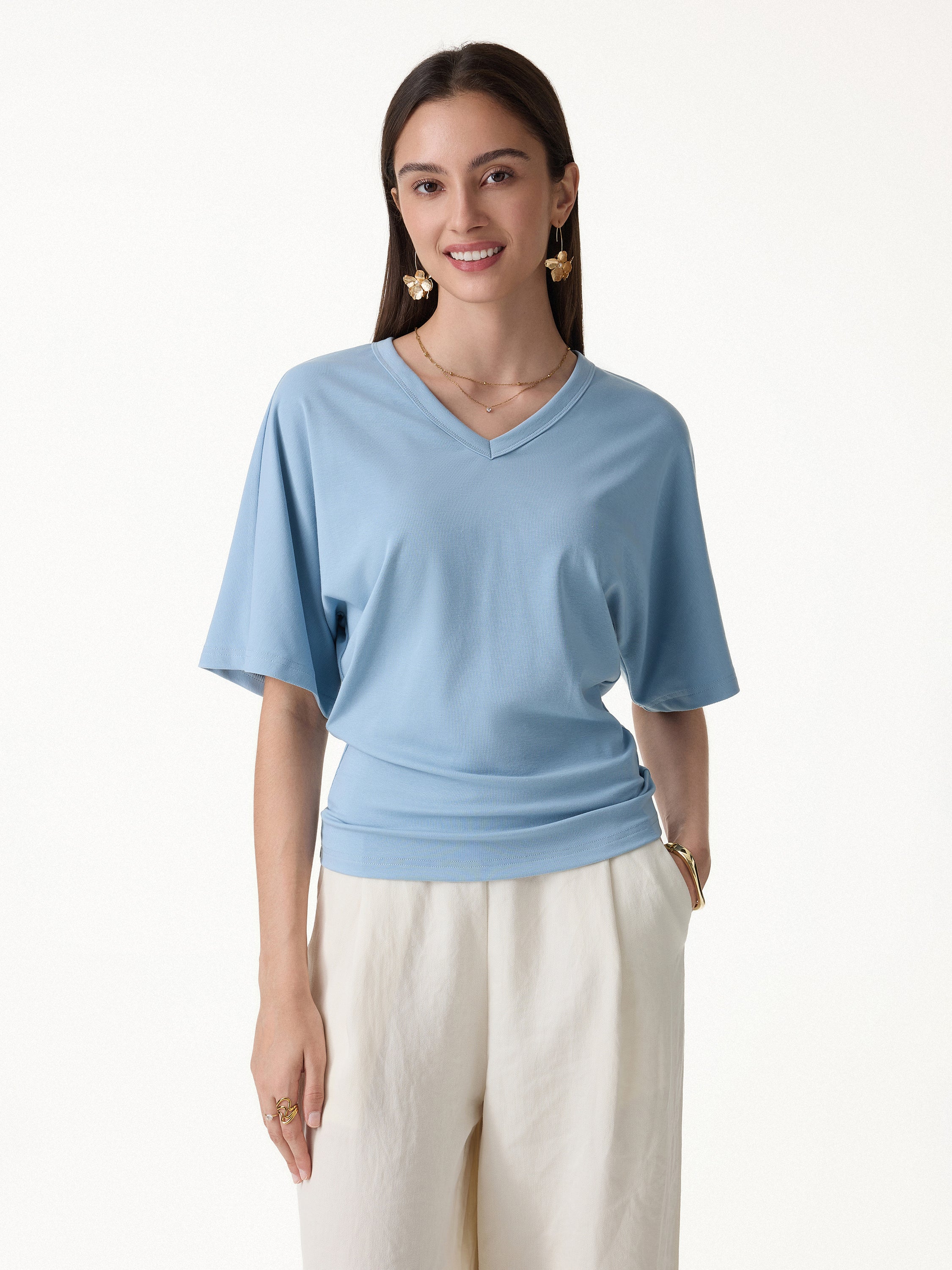 Viscose Cotton V-Neck Waist-Defining Summer Tee - Image 3