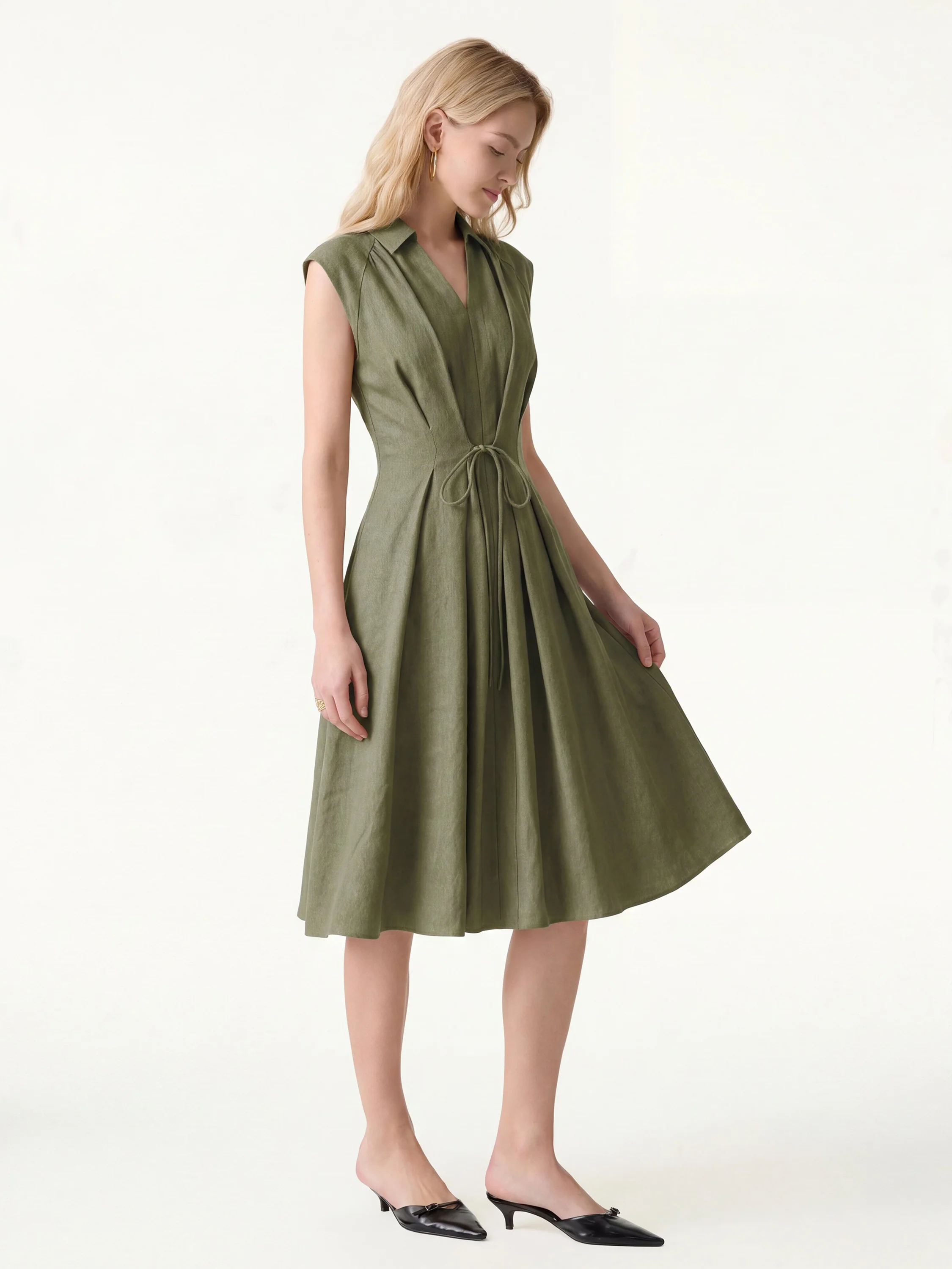 Viscose-Linen Collared V-neck Midi Dress with Drawstring - Image 10