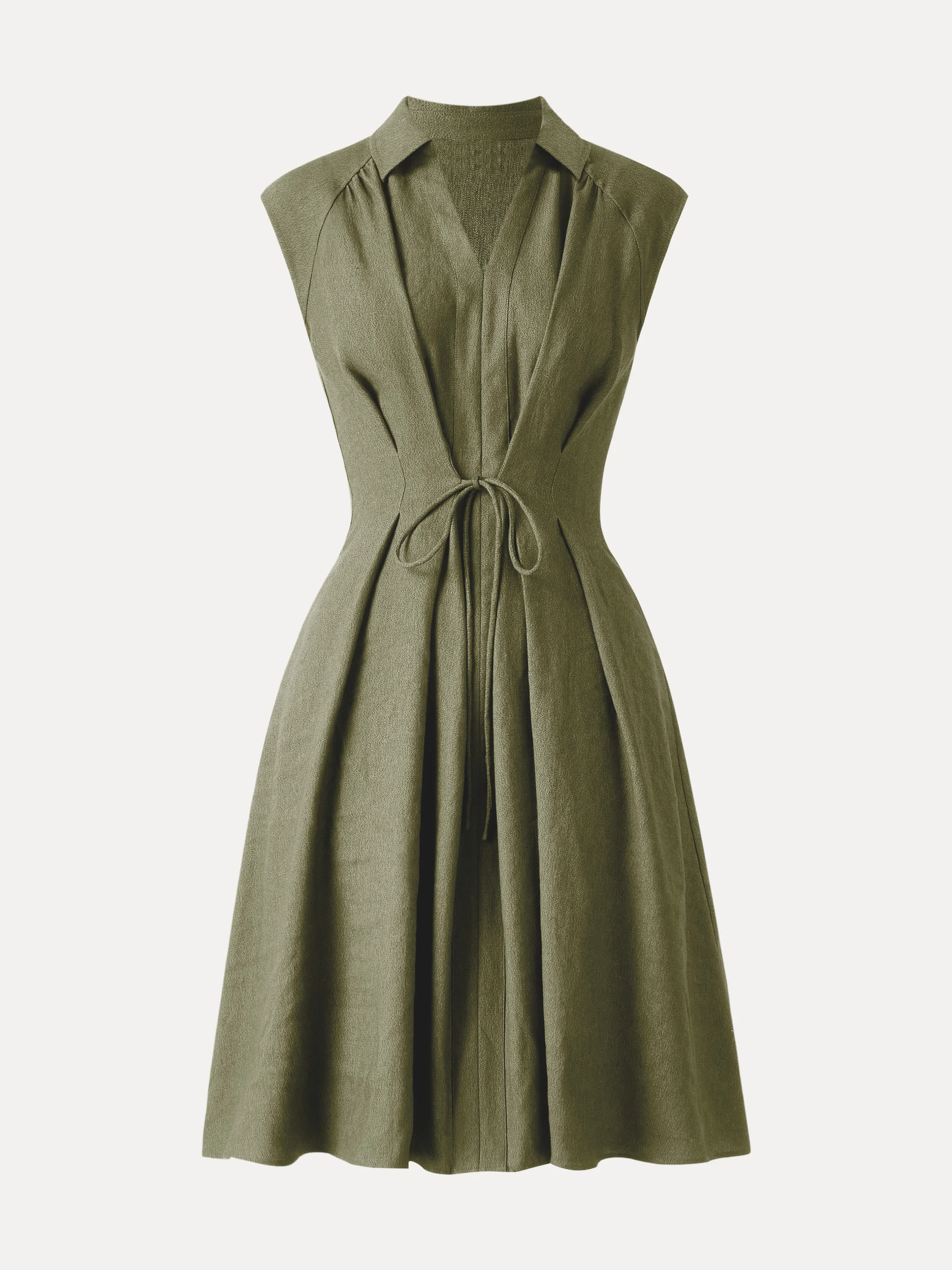 Viscose-Linen Collared V-neck Midi Dress with Drawstring - Image 11