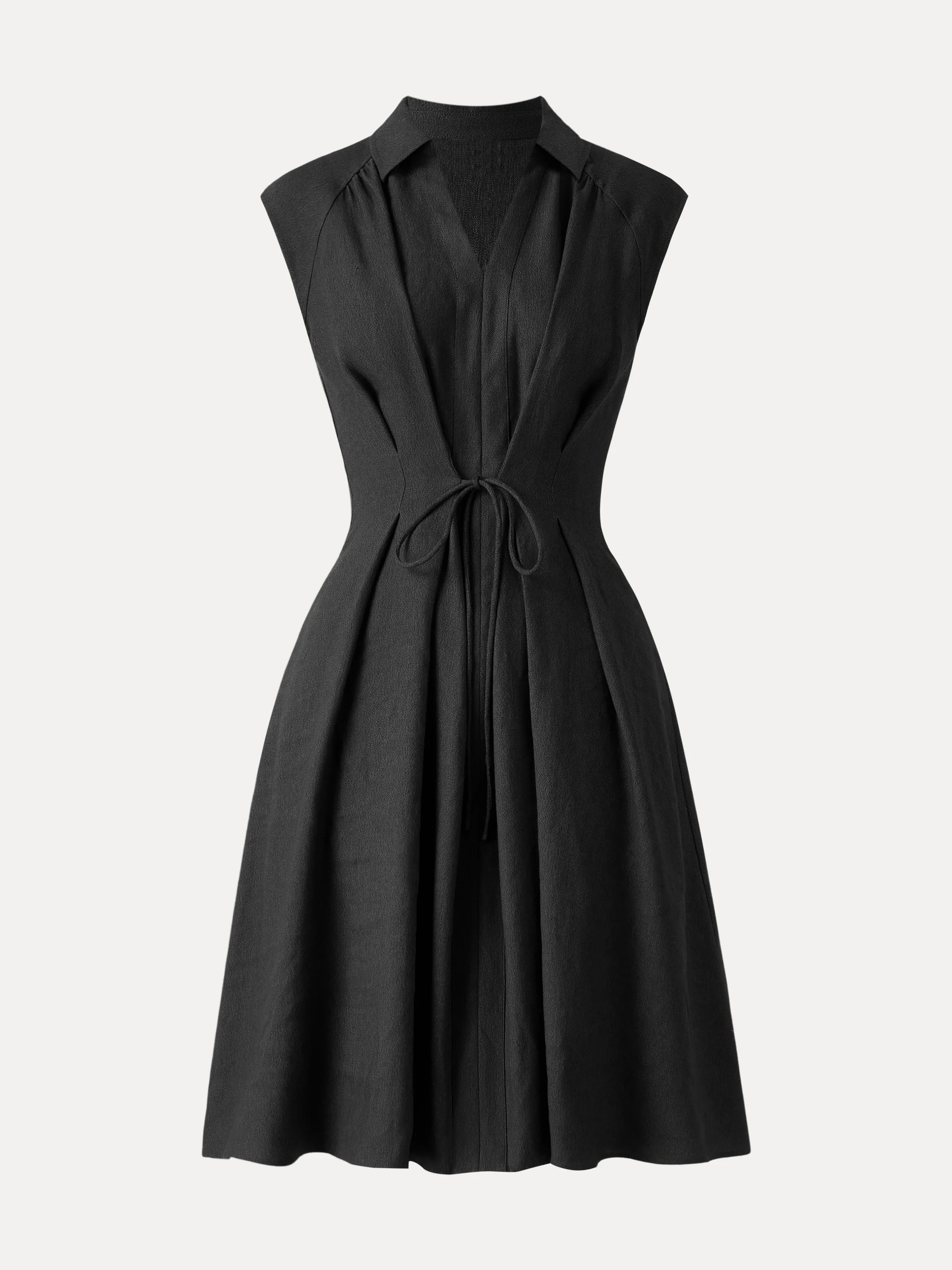 Viscose-Linen Collared V-neck Midi Dress with Drawstring - Image 13