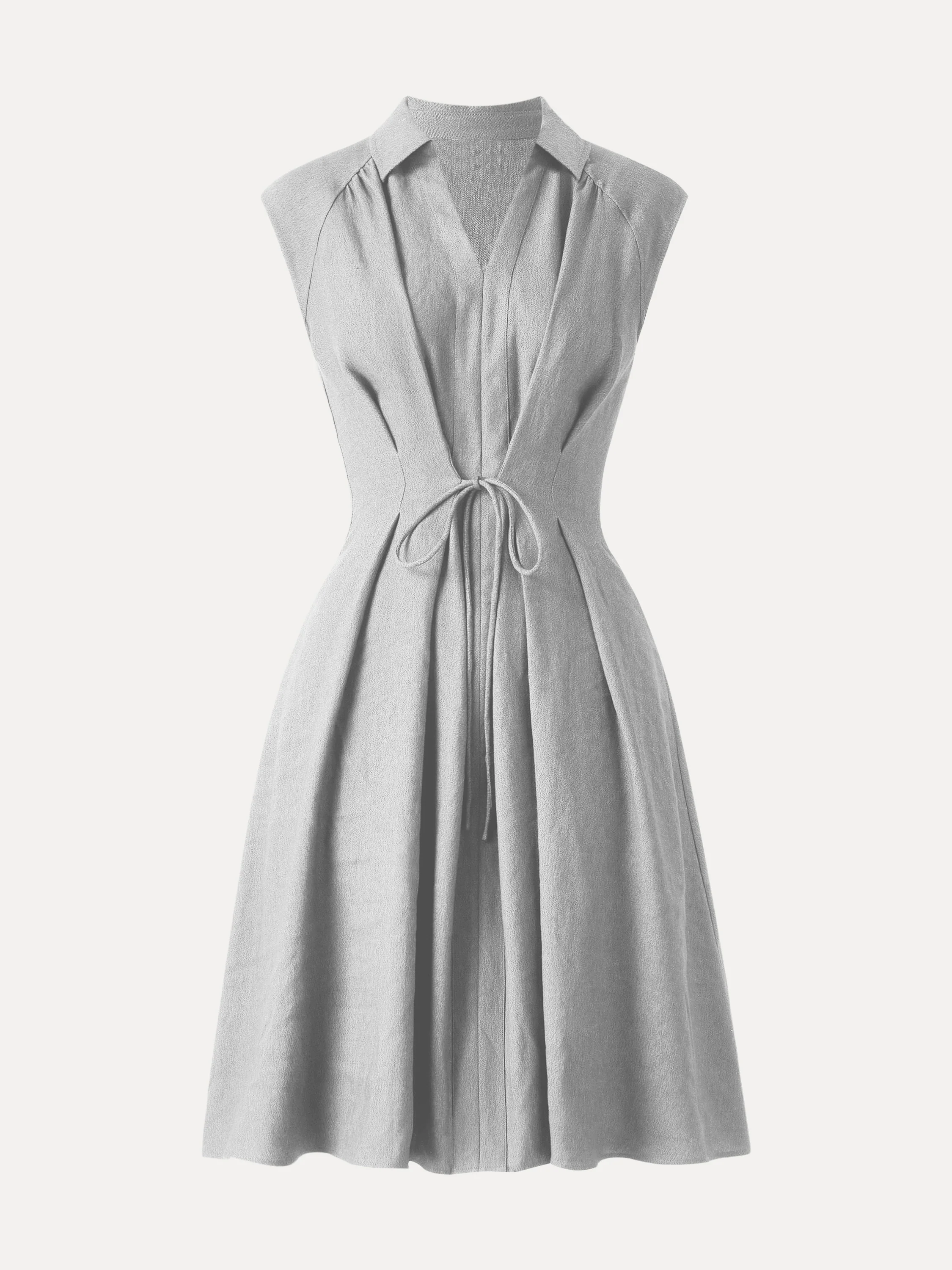 Viscose-Linen Collared V-neck Midi Dress with Drawstring - Image 14