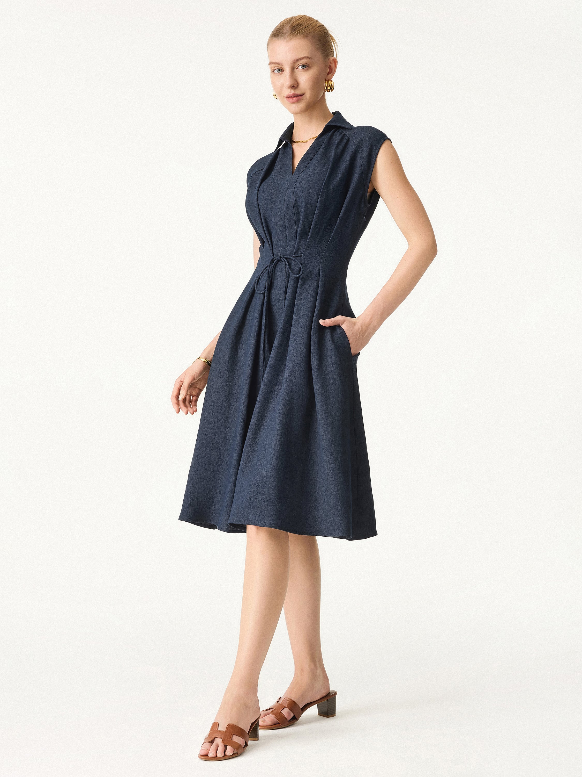 Viscose-Linen Collared V-neck Midi Dress with Drawstring - Image 2