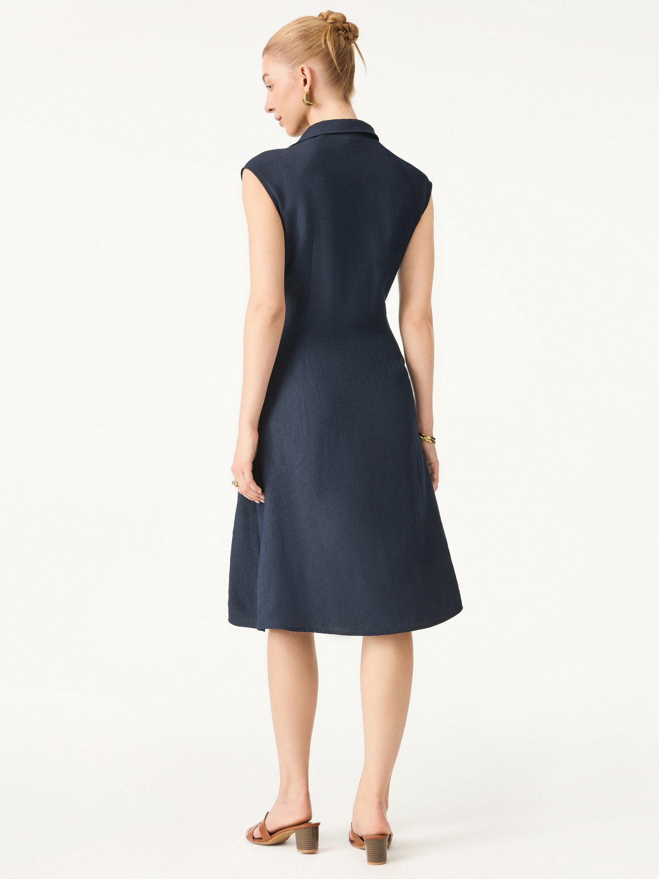 Viscose-Linen Collared V-neck Midi Dress with Drawstring - Image 3