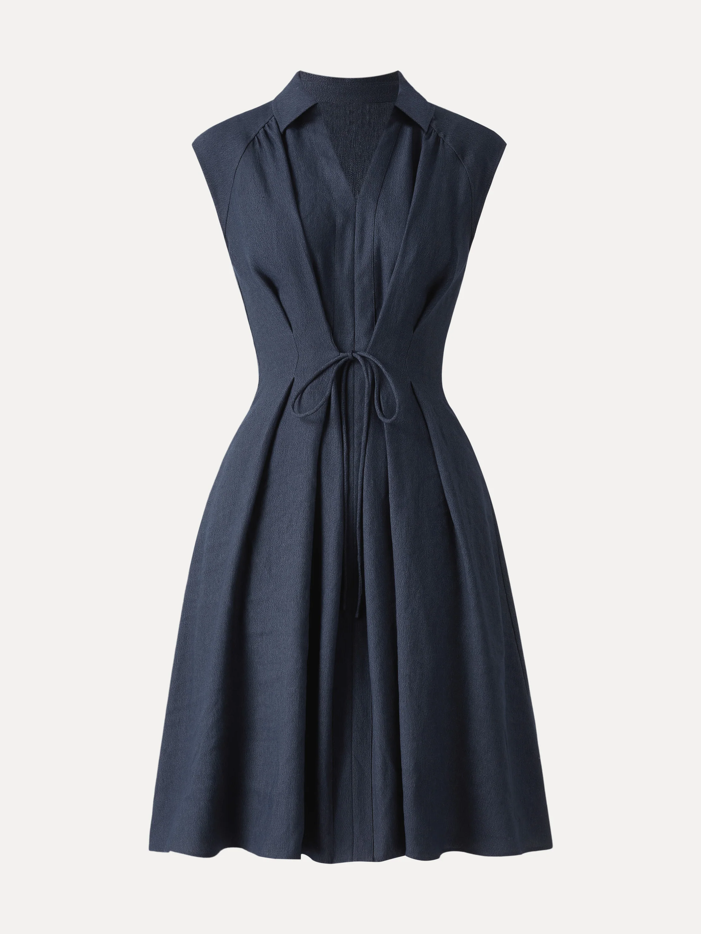 Viscose-Linen Collared V-neck Midi Dress with Drawstring - Image 5