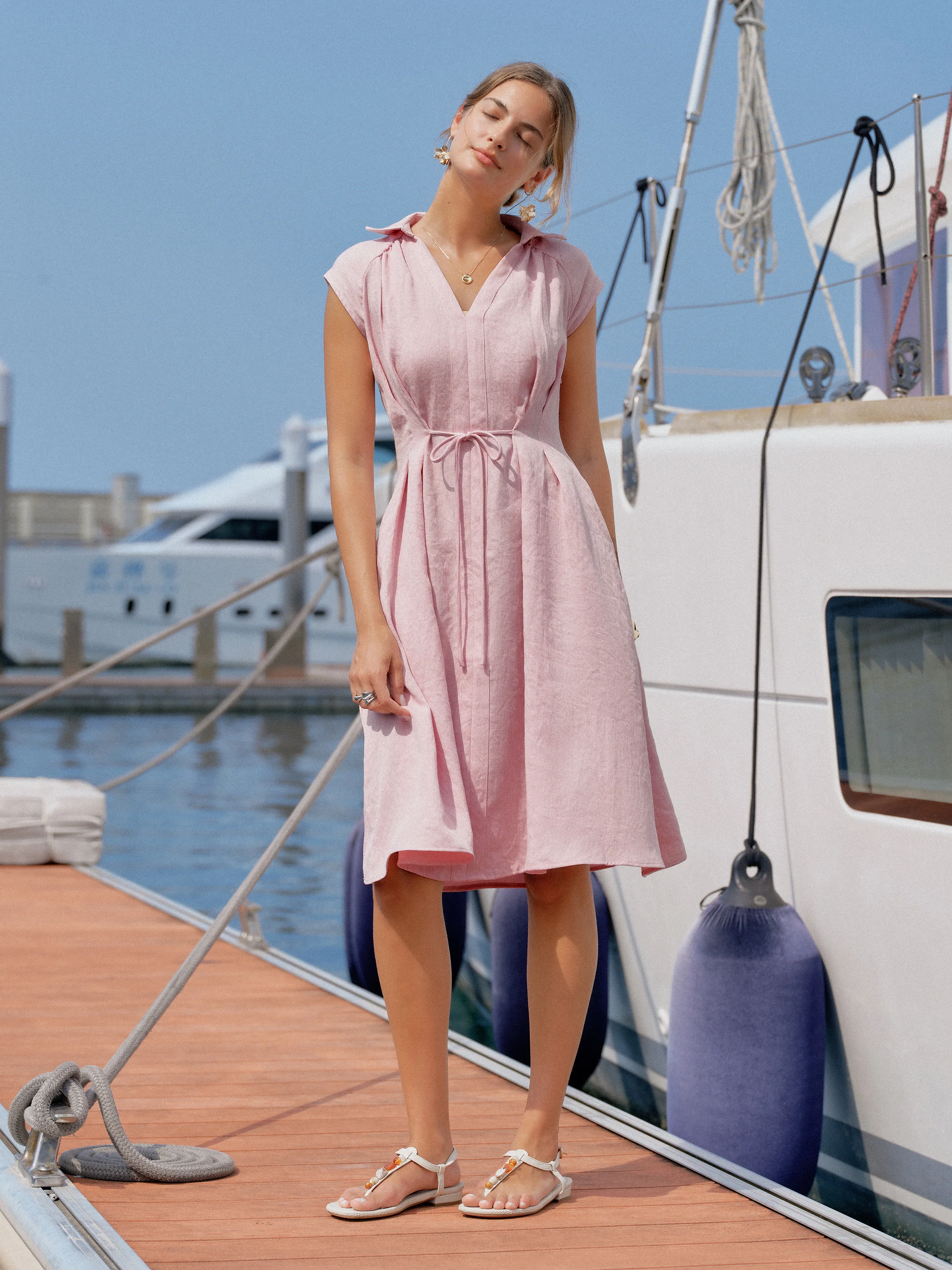 Viscose-Linen Collared V-neck Midi Dress with Drawstring - Image 7