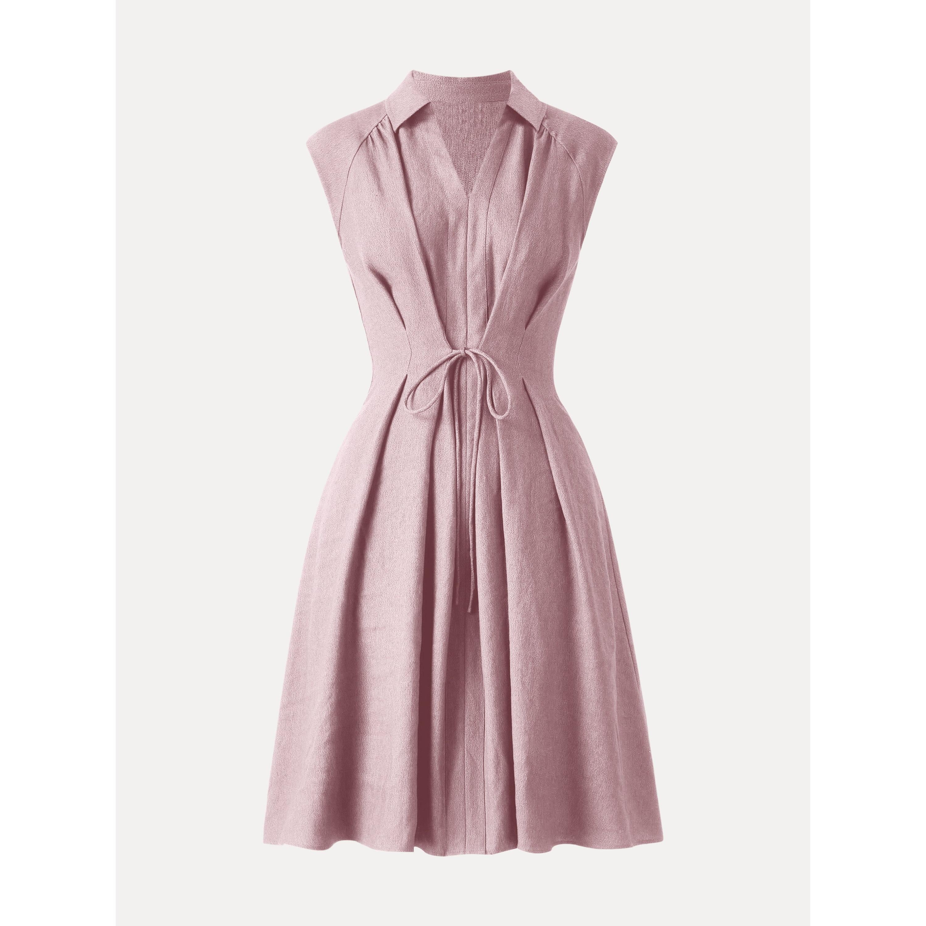 Viscose-Linen Collared V-neck Midi Dress with Drawstring - Image 8