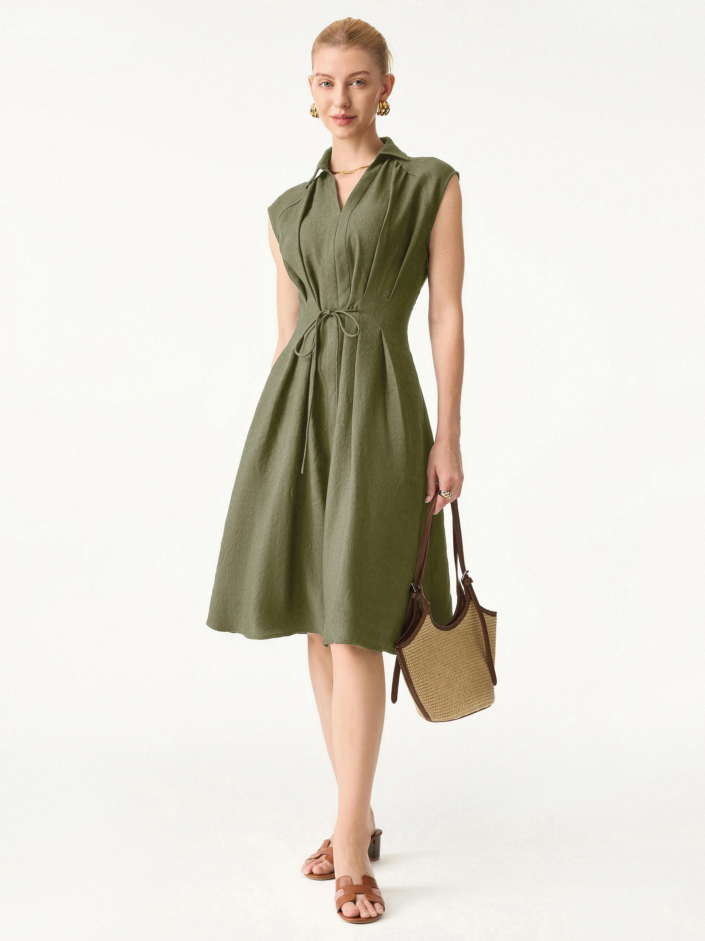 Viscose-Linen Collared V-neck Midi Dress with Drawstring - Image 9