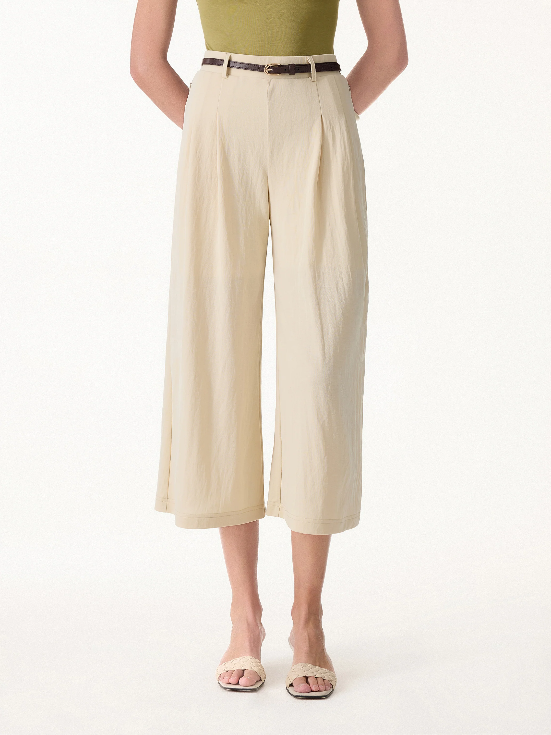 Wrinkle-Resistant Linen-Like Cropped Wide Leg Pants